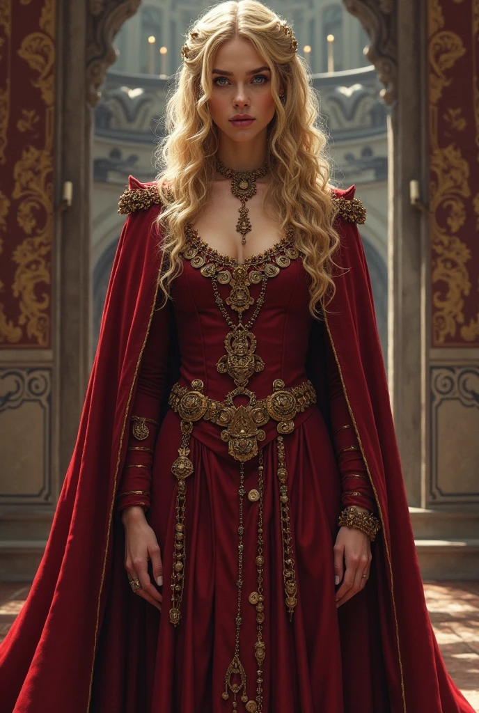 (Makeup:1.3),Extremely realistic bras and underwear,Dark Souls, Dim Light, Old Church, Mature Woman, slim, expensive, Long blonde curly hair, Long black cape, Red leotard with long skirt, Long skirt with diamonds, Gold bracelet, 8k, Official Style, European aristocracy,