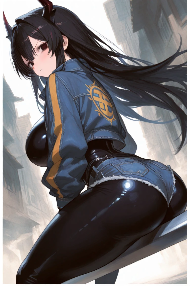 (1girl) ,leotard++, short jacket,black hair, extremely long hair, hand in waist,boots,blue eyes, angry, street, (((muscular))), huge breasts, thick thighs, big ass (pale skin), leotard+++,((pov from behind))