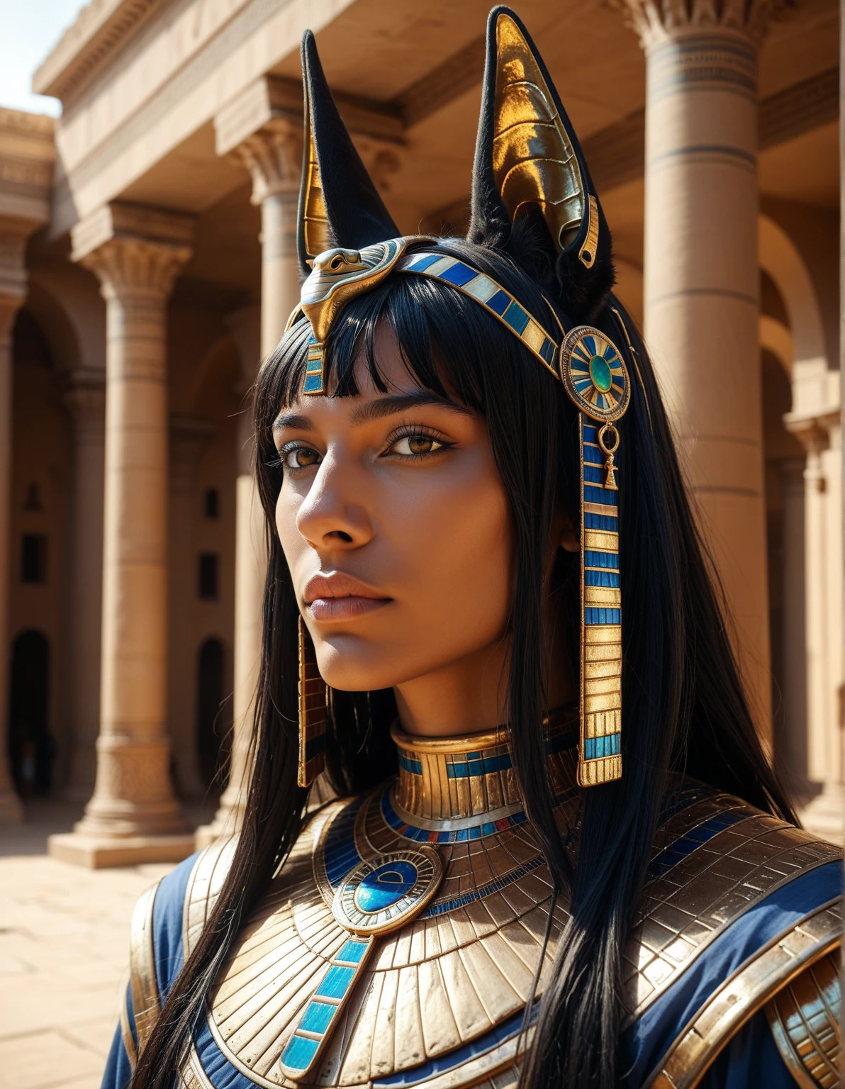 Cleopatra in cybernetic body, cyberpunk,Sci fi,technology,Egypt, desert ,pyramid, Cleopatra Portrait,Bust,focus, Portrait photography