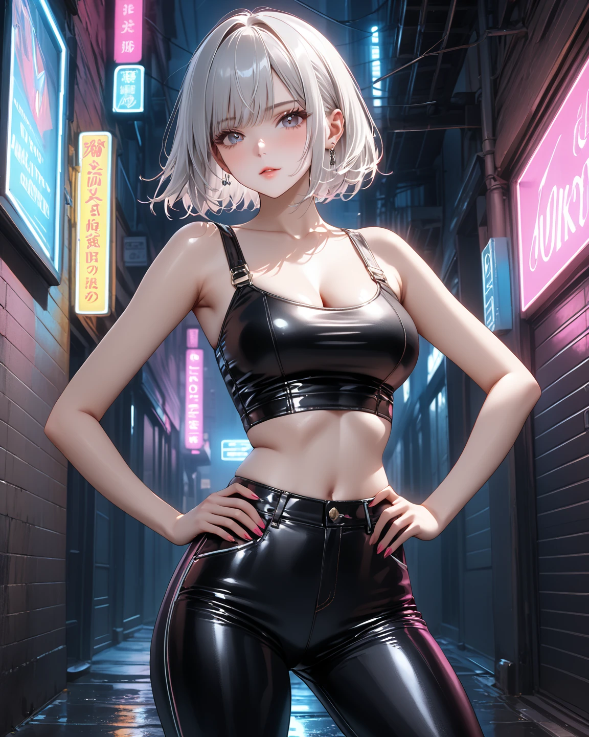 (photorealistic:1.8, highest quality:1.8,8K masterpiece:1.8,High resolution,muste piece:1.8,RAW Photos,cinematic lighting),
cyber punk、Back alley at night in the city、rain-soaked ground、vapor、
(1 android girl:1.3)、Misaka Mikoto、succubus、half coat、Completely naked、light clothing、choker、（elation：1.4）、plump nipples、(cameltoe),No split screen,slender abs:1.2、
Provocative sexy poses、look back、spread your legs、
(short Hair:1.2,Beautiful, shining pale-white, gray-gold hair:1.5)、Stoic