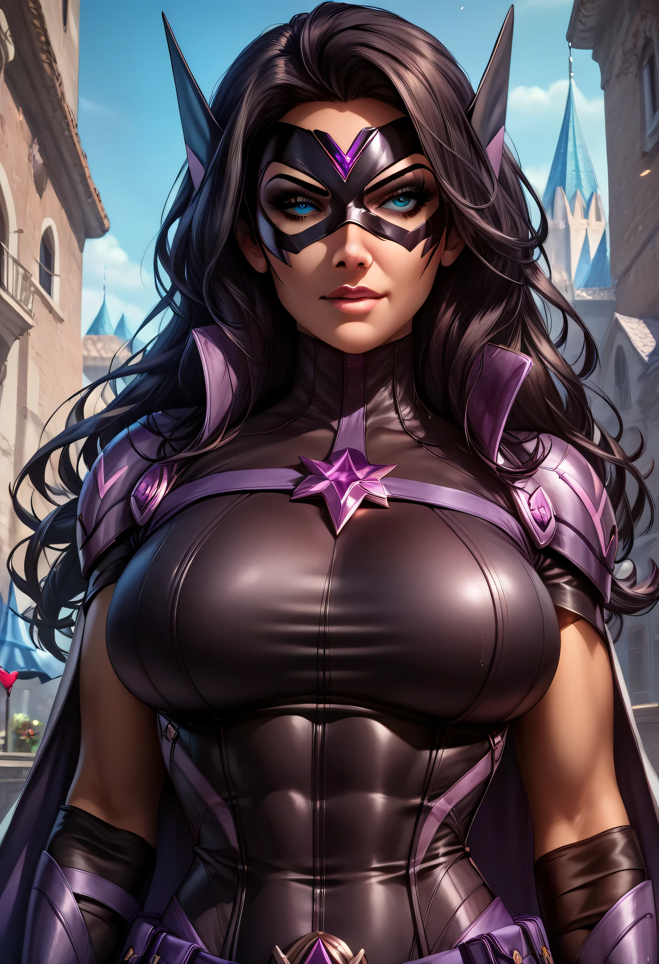 (sakimichan) , (score_9 , score_8_up , score_7_up) , 1dk , 8k , masterpiece , high quality , (Expressiveh:0 . 8) huntress_jlu Huntress, beautiful,. smile, purple costume, black eye mask, ((crossbow)), serious expression, (masterpiece, best_quality, ultra-detailed, immaculate:1.3), epic, illustration, night city background, bombshell hair,
