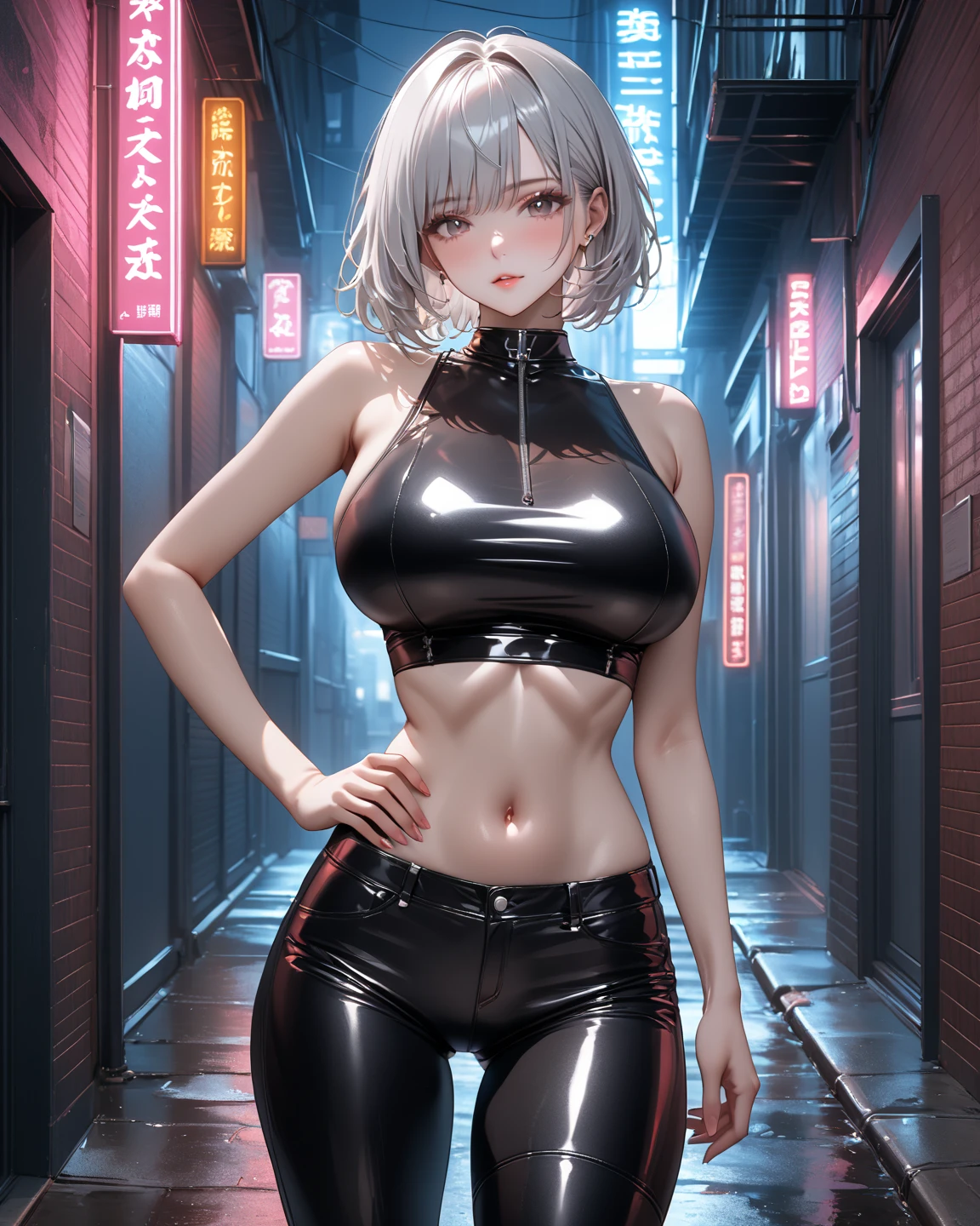 (((masterpiece))), Top quality, Very detailed, blush, Cute and playful, huge, leather jacket, Silver Hair, Fluffy hairstyle, Elastic breasts, Heartwarming eyes, Sweet look, belly button, Dynamic and cute pose.