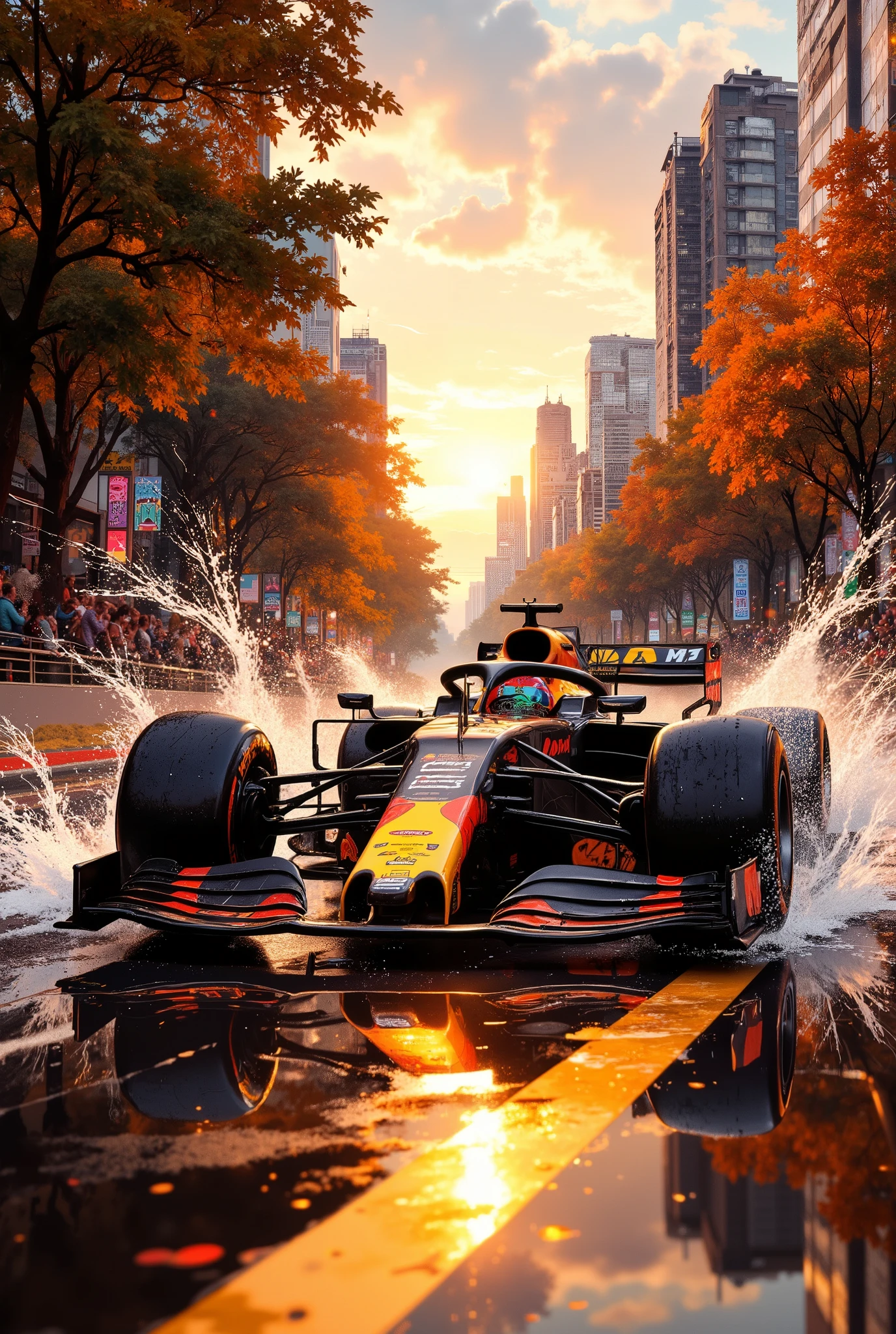A dynamic Formula 1 racing car, the Red Bull Racing RB18, racing on a wet track in bright autumn colors. Detailed realistic image of a high-speed Formula 1 racing car, sleek, black with orange accents, moving fast on a wet track. The car is in motion, leaving splashes of water behind it, and is on the city race track. Trees growing along the highway. The contrasting sunlight penetrates through the foliage, casting dynamic shadows on the wet surface of the track. The highway itself is marked with diagonal stripes of white, black and red, reflecting the sun's rays. Water droplets stick to the surface of the track and the car body, creating a humid, dynamic atmosphere. In the background, along the side of the road, you can see the audience. Urban structures and buildings are visible in the distance. A realistic, super-detailed image of the car's design, showing precise aerodynamic lines, realistic tire patterns, and reflective surfaces. A high-octane, dramatic mood that conveys the excitement of the race. Photorealistic, carefully thought-out details and composition. Sunset "golden hour", bright colors. Wet asphalt, water droplets, reflections and realistic lighting effects. Speed and dynamism are emphasized. Urban setting with modern elements. Clear perspective, shot below ground level, Dutch angle, demonstrating the speed and movement of a racing car.