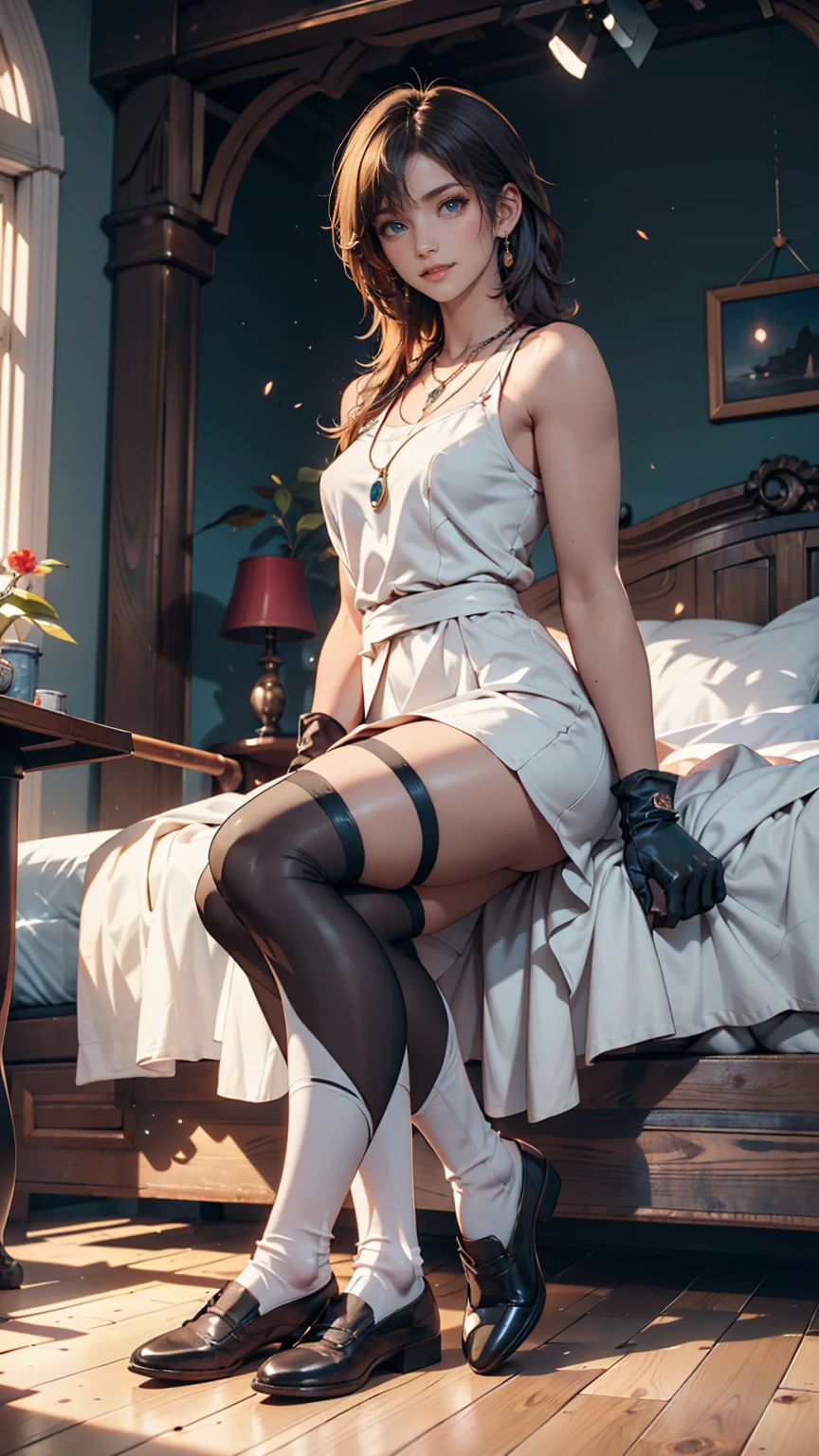 1girl,Spider weaving a net on the girl,réalism:1.2,ultra-detailed,bedroom setting,stretched pose,struggling in the net,brown haired,very long sheer skirt,oaken floor,soft sunlight,delicate spider silk,lace curtains,bedside table,decorative pillows