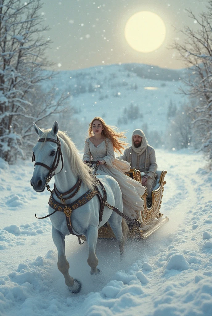 
The Snow Queen, an illustration from Andersen's fairy tale. The snow queen rides a sleigh with Kai