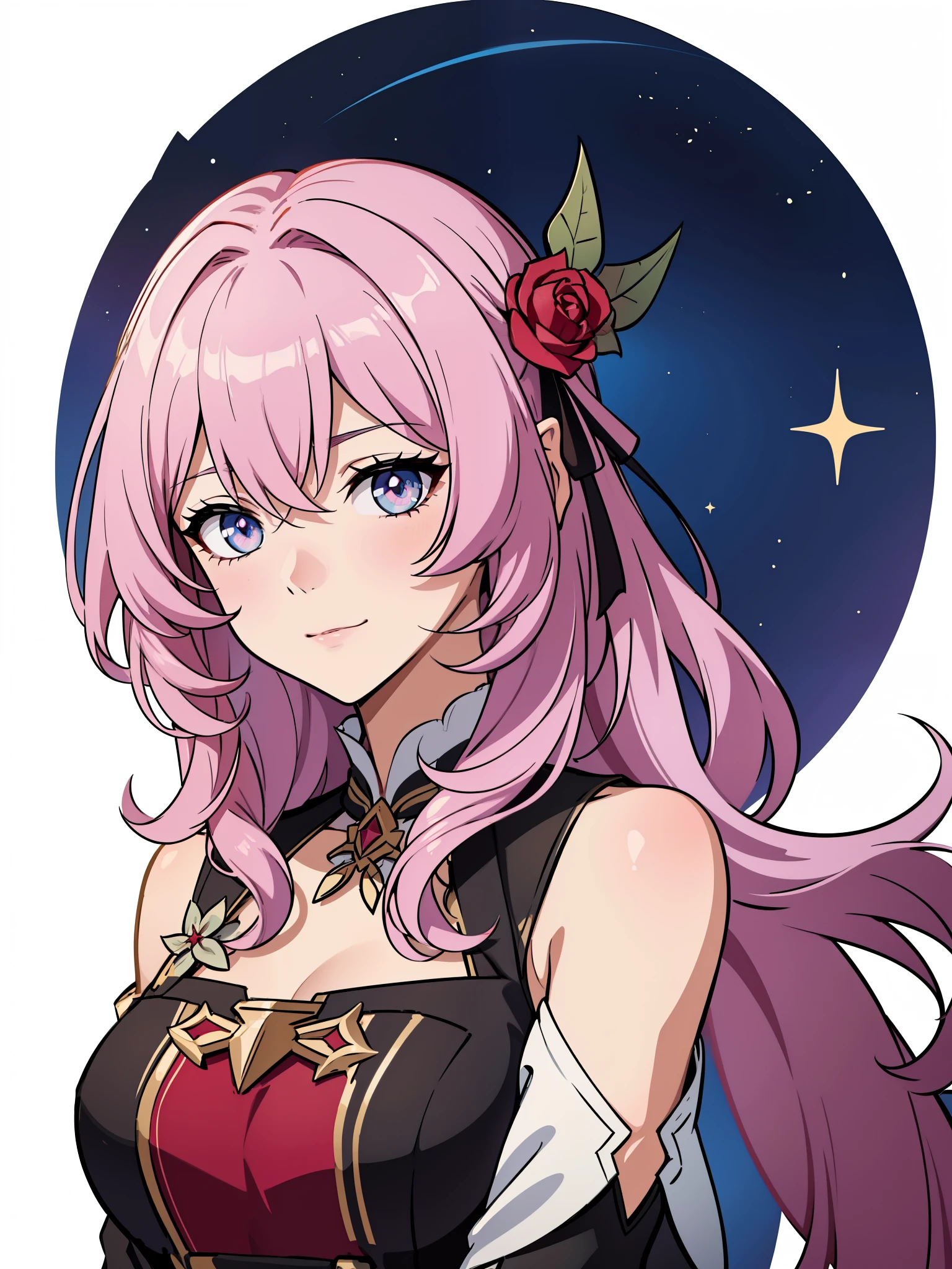 (high-quality, breathtaking),(expressive eyes, perfect face) portrait, 1girl, female, solo, young , pink hair, blue eye color, medium hair length, soft wavy hair, gentle smile, loose hair, side bangs, looking at viewer, portrait, upperbody, happy expression, ribbon in hair, flower in hair, fantasy clothing, elegant, mature, height 4"3, adventurer attire, warlock attire, warlock profession, short height, Dungeons & Dragons character, jacket, dress, Firefly Honkai Star Rail Character, hair ornament,hair flower,red flower,red rose, thorns,vines,shoulder cutout,