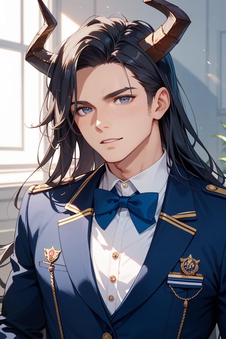 man in blue overcoat, beret, mid-long hair, a few chains on his neck, informal