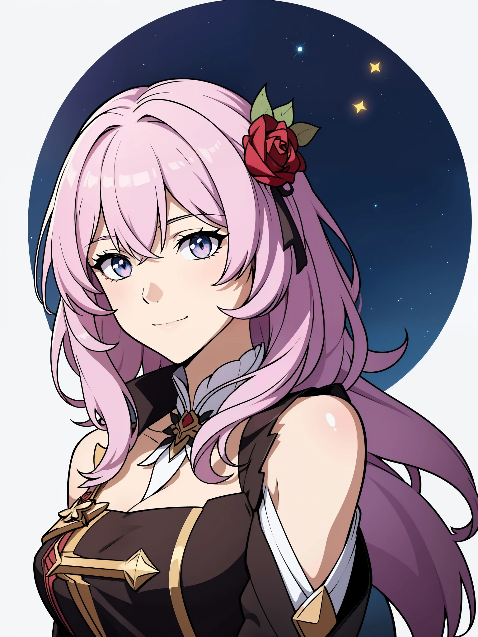 (high-quality, breathtaking),(expressive eyes, perfect face) portrait, 1girl, female, solo, young , pink hair, blue eye color, medium hair length, soft wavy hair, gentle smile, loose hair, side bangs, looking at viewer, portrait, upperbody, happy expression, ribbon in hair, flower in hair, fantasy clothing, elegant, mature, height 4"3, adventurer attire, warlock attire, warlock profession, short height, Dungeons & Dragons character, jacket, dress, Firefly Honkai Star Rail Character, hair ornament,hair flower,red flower,red rose, thorns,vines,shoulder cutout,
