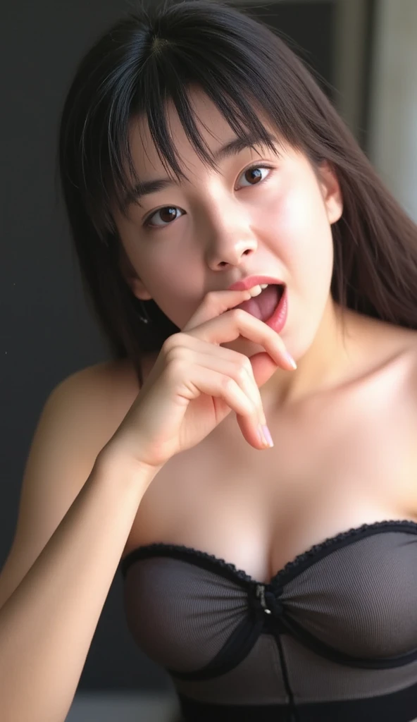 bikini,short shorts,,(open mouth:1.5),(tongue out:2),lying,overhead shot,side view,face focus,(1girl,Beautiful 14 year old girl,teenager),((Slender,Small breasts,Small face,)),(looking at viewer),Black Hair,bangs,one side up,Beautiful and detailed,(Dimly lit room:1.5),Black sofa,Mischievous smile