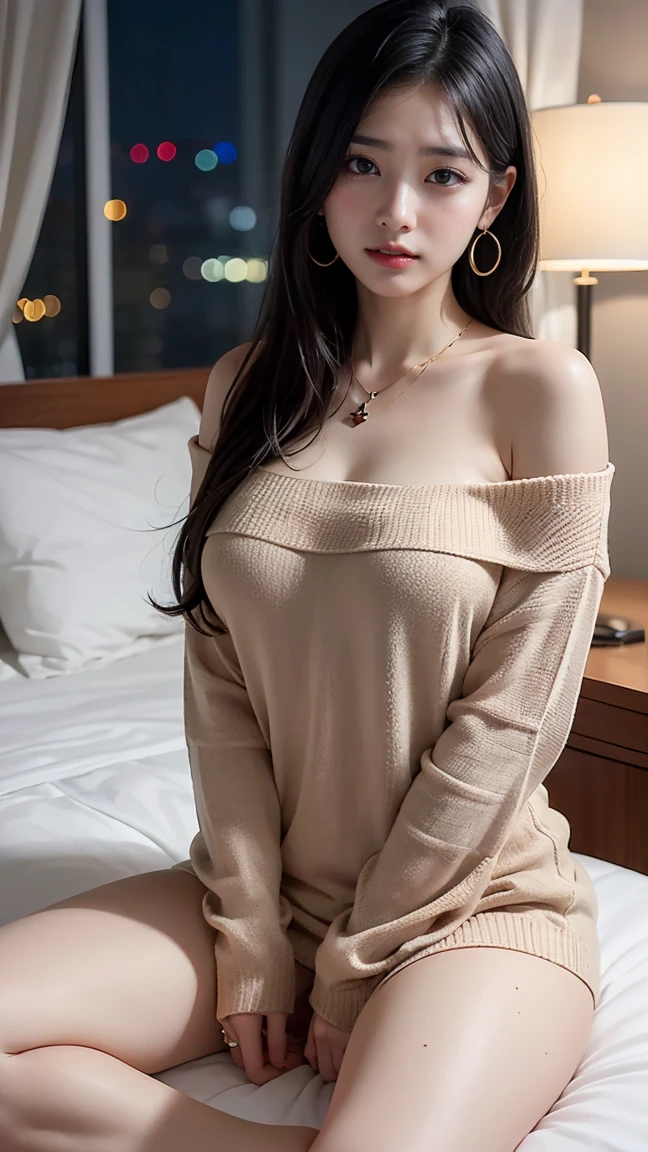 8k,High definition、highest quality、14 year old Caucasian girl、off shoulder knit sweater、Tight short skirt、let's dancing on the bed , nude legs,suddenly face,open legs,nude crotch,a arm position is crotch,slim body,My whole body is covered in sweat、Wet body、Licking lips with your tongue