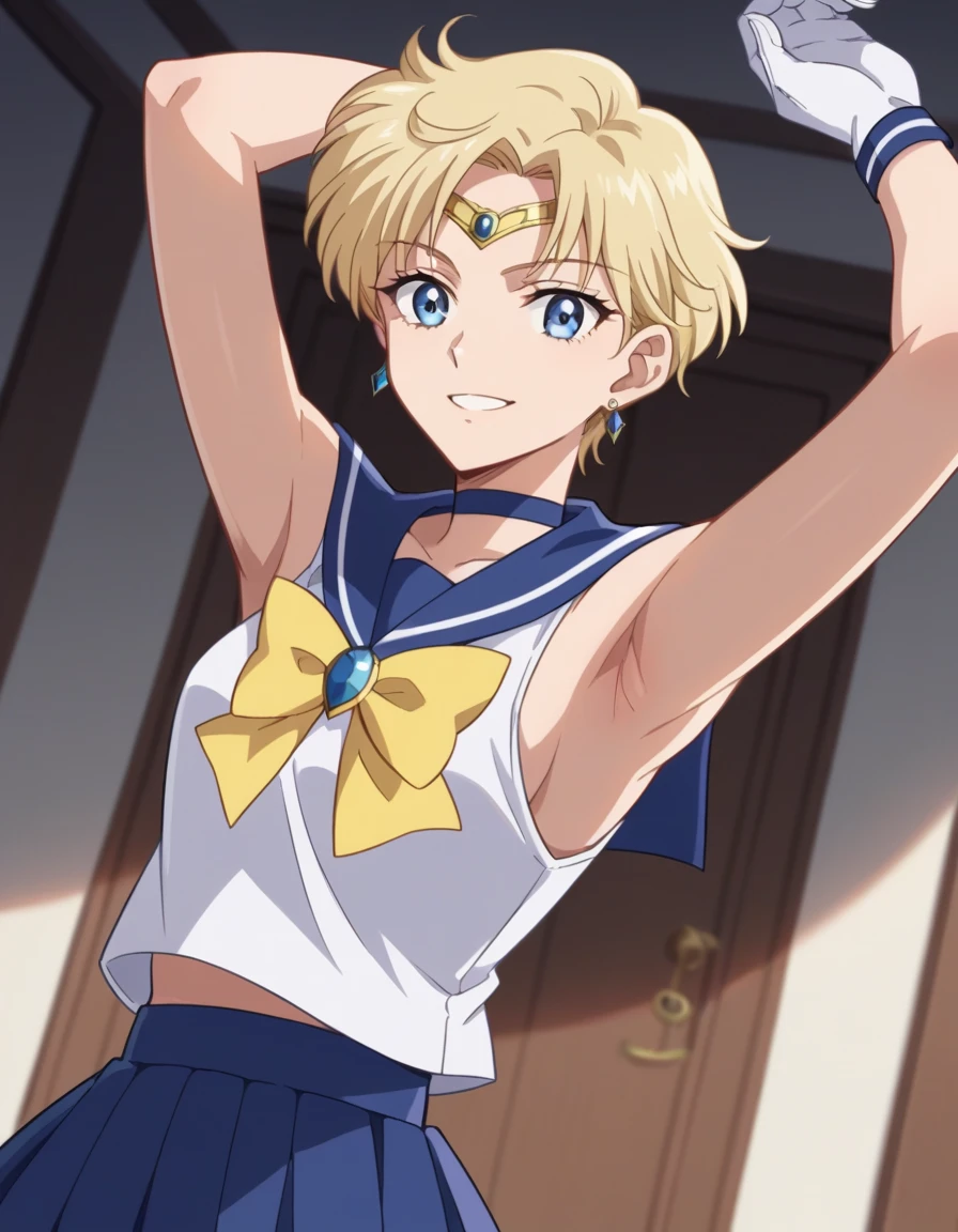 (masterpiece), highest quality, expressive eyes, perfect face, open your mouth, cum on tongue, cum in mouth, tongue, tongue out, short hair, blush, smile, Ahegao, medium breasts, short hair, Sailor Moon Uranus, blonde, blush, Sweat