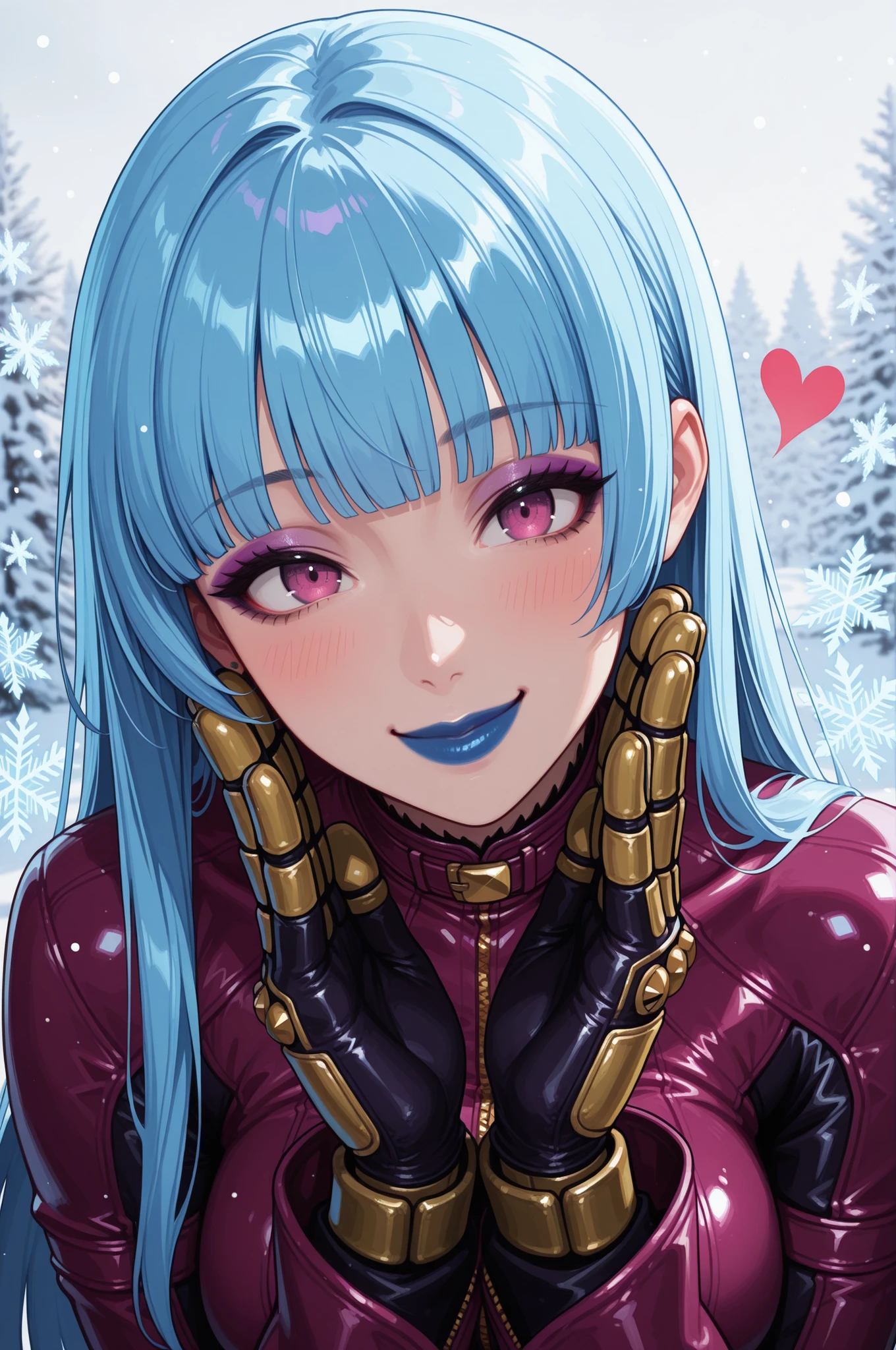 masterpiece, best quality, absurdres, newest, very aesthetic, amazing quality,highres, Kula Diamond \(king of fighters\), blue hair, hime cut, purple eyes, gloves, (1girl), (detailed face:1.2), (detailed eyes:1.3), black eyeliner,purple eyeshadow, blue lipstick, blush, flirting, snowflake, high resolution, 8k wallpaper, Distinct, magical atmosphere, beautiful background, high quality, snowy background