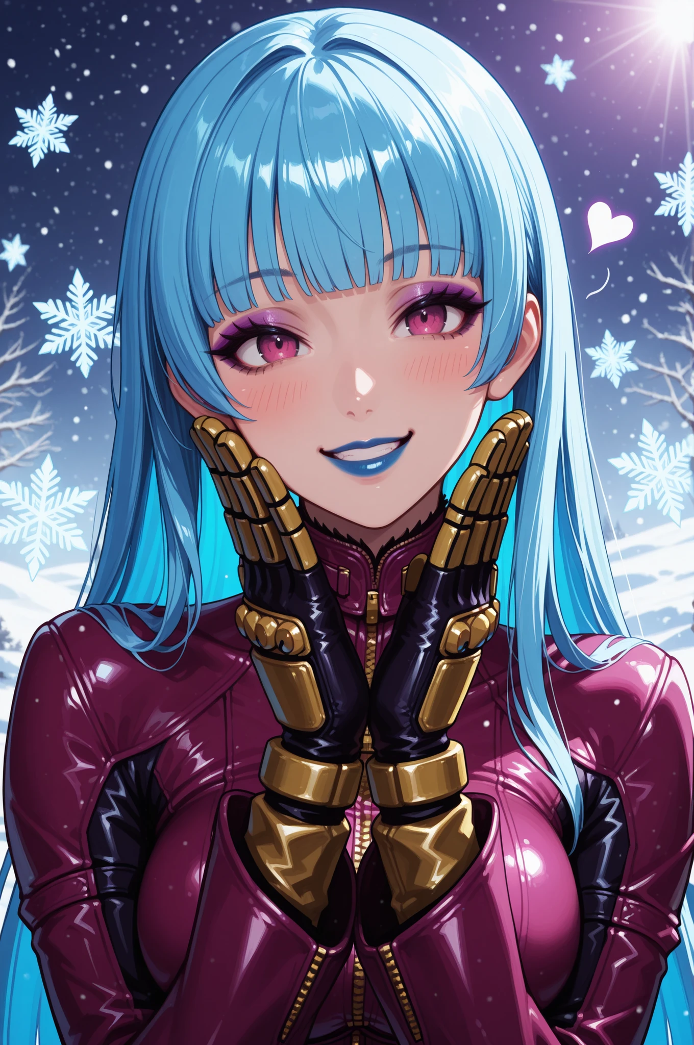 masterpiece, best quality, absurdres, newest, very aesthetic, amazing quality,highres, Kula Diamond \(king of fighters\), blue hair, hime cut, purple eyes, gloves, (1girl), (detailed face:0.8), (detailed eyes:0.8), black eyeliner,purple eyeshadow, blue lipstick, blush, flirting, snowflake, high resolution, 8k wallpaper, Distinct, magical atmosphere, beautiful background, high quality, snowy background