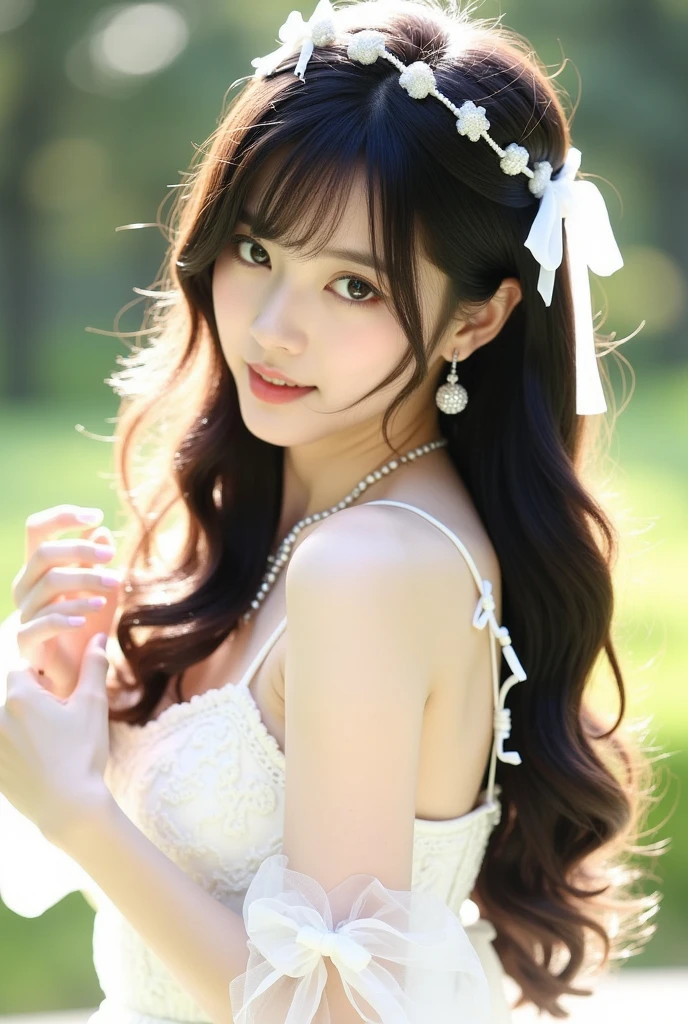 A young woman with long, wavy pastel-colored hair sits gracefully, dressed in an elaborate, fantasy-themed gown. The gown features a mix of soft pastel colors, including pink, blue, and lavender, adorned with sparkling embellishments and a large bow at the bust. She has a pair of large, fluffy cat ears on her head, matching her soft, fluffy tail. Her eyes are large and expressive, with a gentle and inviting expression. The scene is softly lit with a magical, dreamy ambiance, highlighting her smooth skin and the intricate details of her outfit. She wears delicate jewelry, including a butterfly hair clip, adding to the whimsical nature of her appearance. The background is soft and blurred, enhancing the ethereal feel of the image.