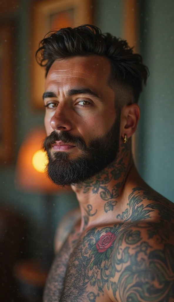 Close portrait, jovem surfista loiro do bigode loiro. neck tattoo, tatuagem acima da sobrancelha esquerda, escrita: Wanted. Olhar atraente e nitido.