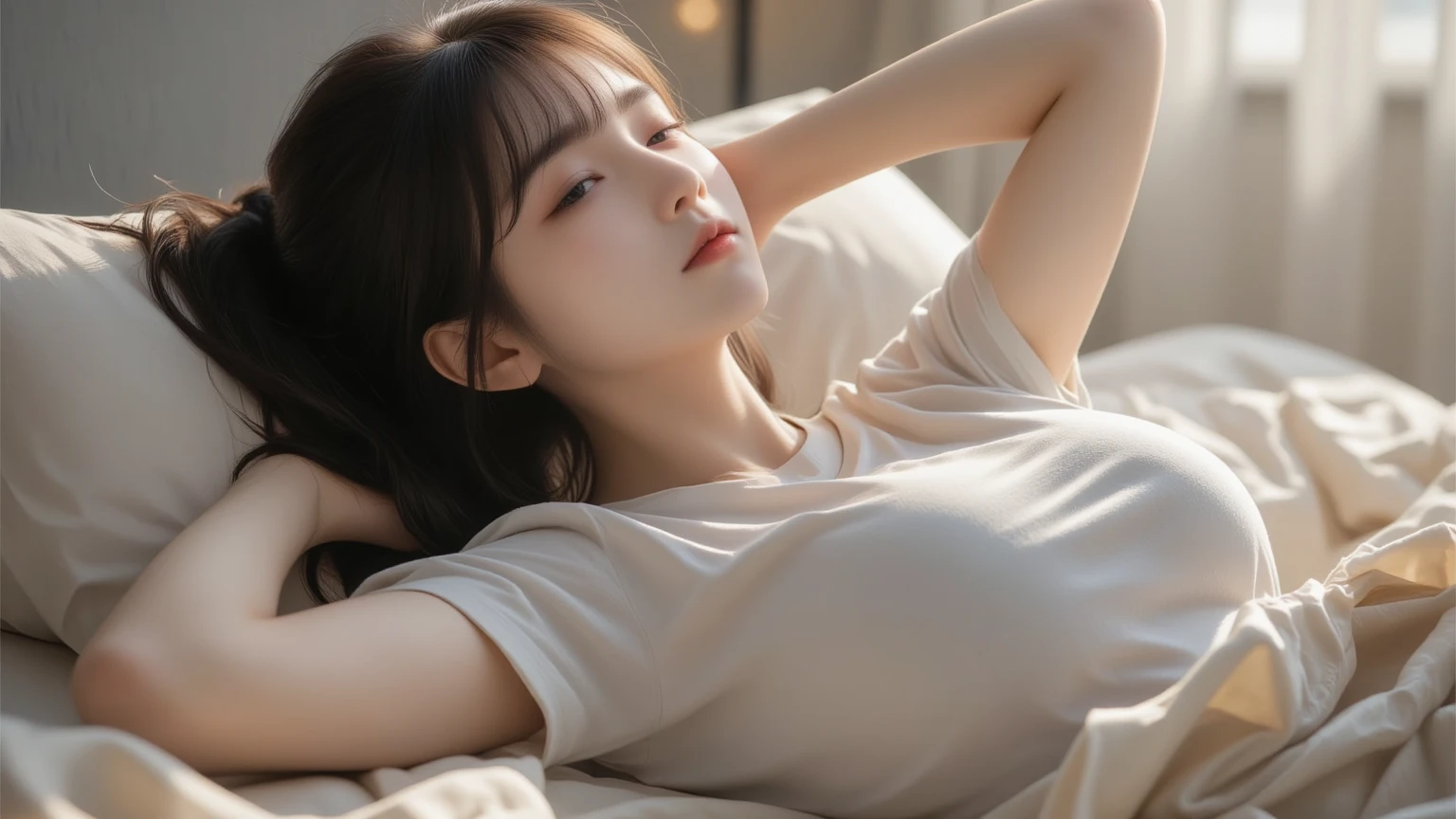 masterpiece, 1 woman per 1photo, upper body shot, directly front view, composition looking subject down from above, a Japanese young pretty woman, hyper pretty face, 18 years old, sleeping on the bed, sweaty body, glossy lips, open mouth, glamorous figure, closing eyes, lying on on the bed, wearing a long sleeves large sized shiny satin silky white collared shirt for men’s over a shiny satin white panty, unbuttoned the chest on the shirt, her head on a silk pillow, silk bed sheets, double eyelids in both eyes, natural makeup, long eyelashes, shiny smooth light brown hair of medium length, asymmetrical bangs, tanned skin, head in the frame, central image, 8K resolution, high detail, detailed hairstyle, Detailed Face, spectacular cinematic lighting, octane rendering, vibrant, hyper realistic, perfect limbs, perfect anatomy