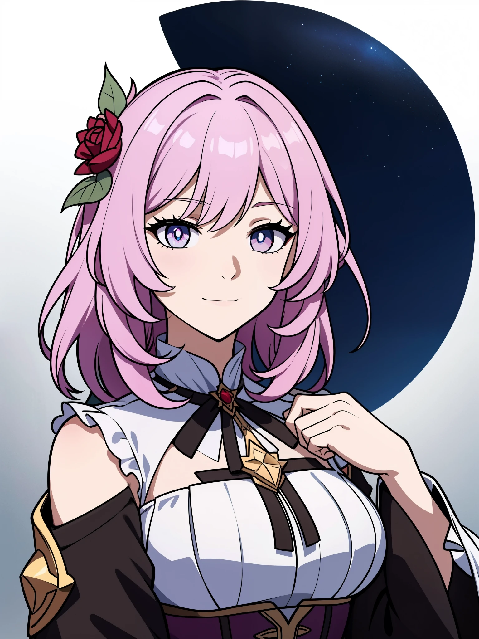 (high-quality, breathtaking),(expressive eyes, perfect face) portrait, 1girl, female, solo, young , pink hair, blue eye color, medium hair length, soft wavy hair, gentle smile, loose hair, side bangs, looking at viewer, portrait, upperbody, happy expression, ribbon in hair, flower in hair, fantasy clothing, elegant, mature, height 4"3, adventurer attire, warlock attire, warlock profession, short height, Dungeons & Dragons character, jacket, dress, Firefly Honkai Star Rail Character, hair ornament,hair flower,red flower,red rose, thorns,vines,shoulder cutout,