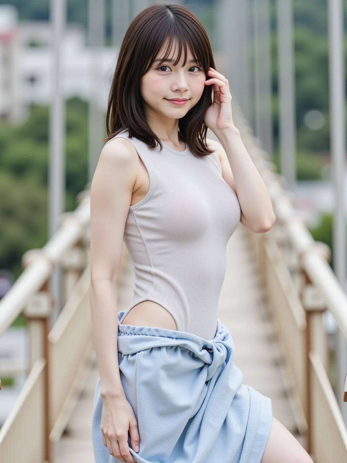 Photorealistic, high-quality 32k photo of a beautiful Japanese girl in a trendy outfit,(One-piece Swimsuit :1.3) with detailed eyes and a playful smile, walking through a bustling shopping district. She’s wearing a fashionable jacket over a casual top and skirt, paired with sneakers and a crossbody bag, her hair styled in loose curls. The image captures her full body with the lively streets in the background, emphasizing her vibrant energy and the dynamic urban environment,(Flirtingly lifting her skirt to show her panties:1.3),(stick out butt:1.3) ,