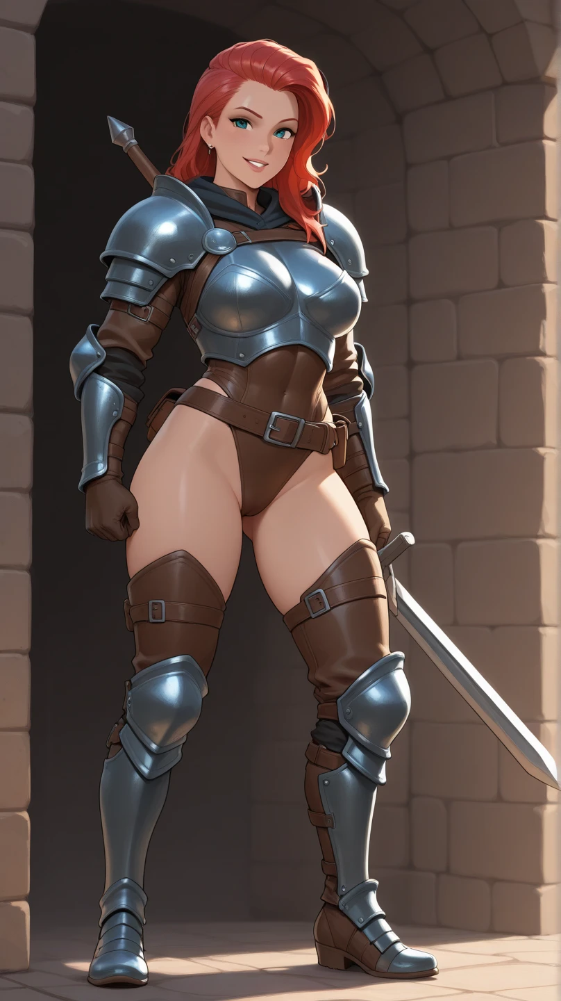 (masterpiece), best quality, expressive eyes, perfect face(masterpiece), best quality, expressive eyes, perfect face, Female warrior, short black hair, scar on left eye, bronze skin, red lips, amber eyes, muscular, wide hips, large breasts, holding a sword, red cape torn shoulder, arm sleeves, belt on legs, steel plate boots, steel plate gauntlets, chocker, breast plate, pussy plate, body scars, standing, greatsword on back, arm armor, leg armor, half naked, shirtless,