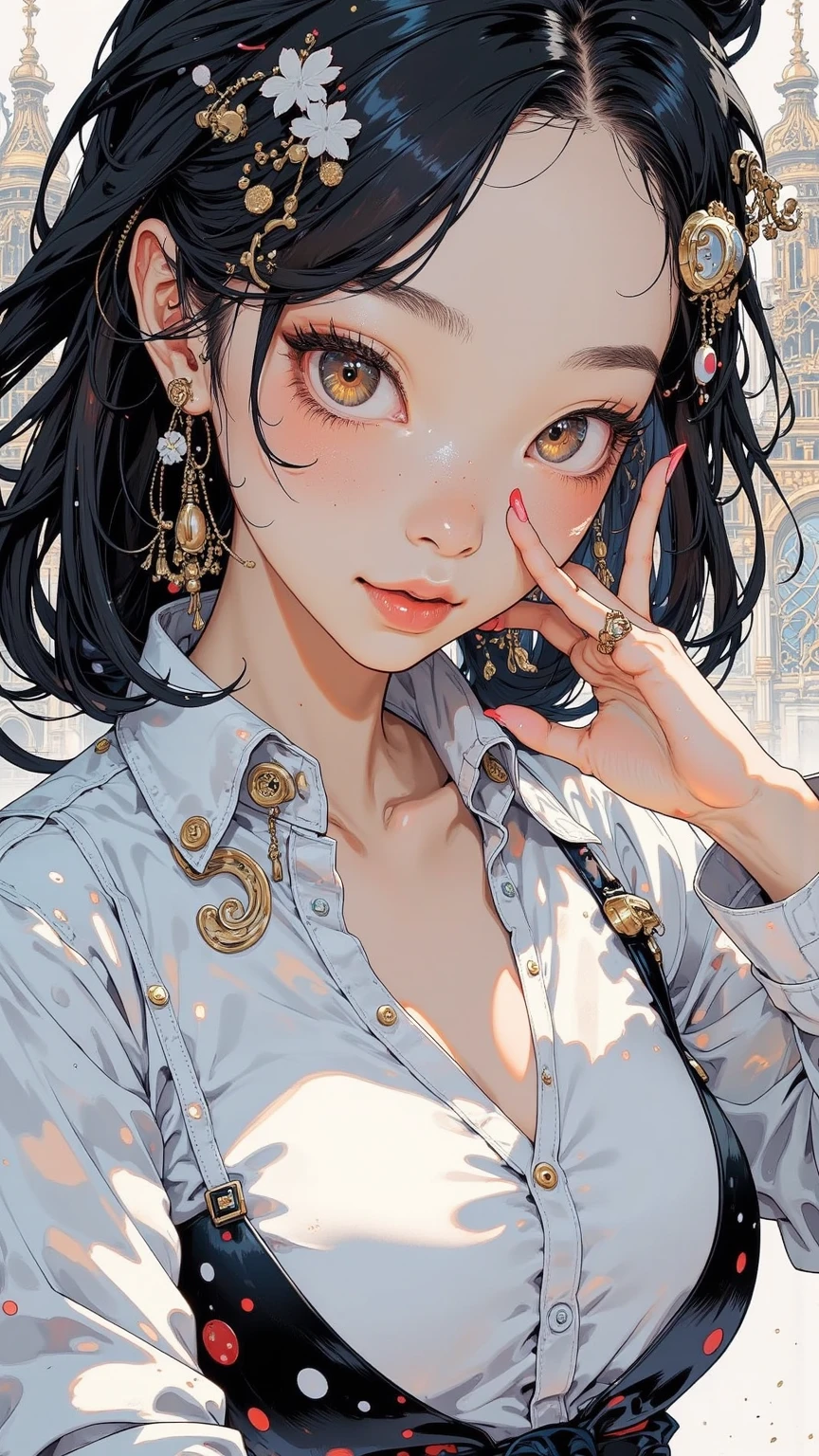Adult gray woman, long black hair, red eyes, gray skin, Rich black dress, smirk, Smoke, The Masterpiece, hig quality