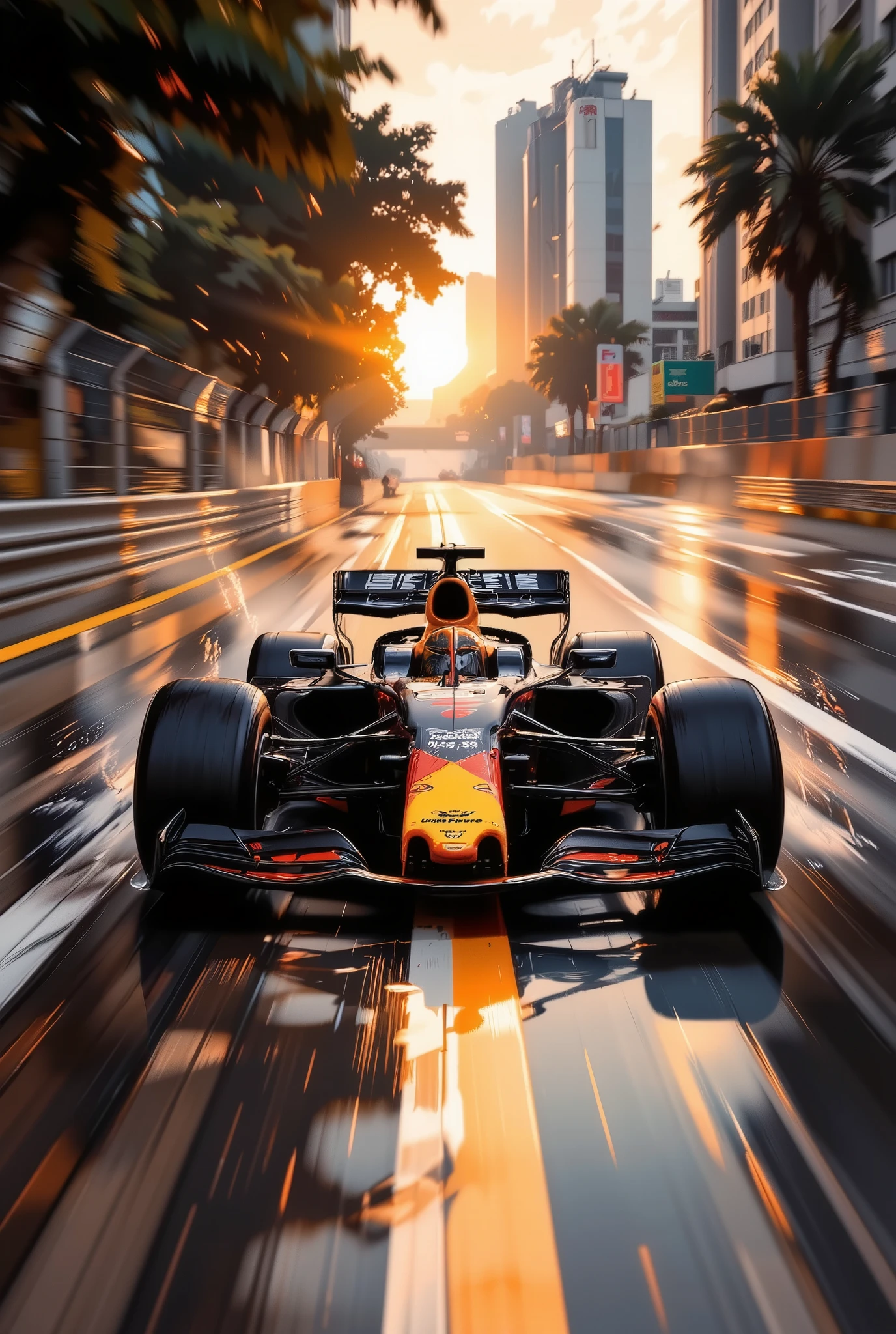 A dynamic Formula 1 racing car, the Red Bull Racing RB18, racing on a wet track in bright, dynamic colors. Detailed realistic image of a high-speed Formula 1 racing car, sleek, black with orange accents, moving fast on a wet track. The car is depicted on 3/4, when entering a turn, leaving splashes of water behind it, and is located on an urban racing track. Trees growing along the highway. The contrasting sunlight penetrates through the foliage, casting dynamic shadows on the wet surface of the track. The highway itself is marked with diagonal stripes of white, black and red, reflecting the sun's rays. Water droplets stick to the surface of the track and the car body, creating a humid, dynamic atmosphere. In the background, along the side of the road, you can see the audience. Urban structures and buildings are visible in the distance. A realistic, super-detailed image of the car's design, showing precise aerodynamic lines, realistic tire patterns, and reflective surfaces. A high-octane, dramatic mood that conveys the excitement of the race. Photorealistic, carefully thought-out details and composition. Sunset "golden hour", bright colors. Wet asphalt, water droplets, reflections and realistic lighting effects. Speed and dynamism are emphasized. Urban setting with modern elements. Clear perspective, shot well below ground level, Dutch angle, demonstrating the speed and movement of a racing car.