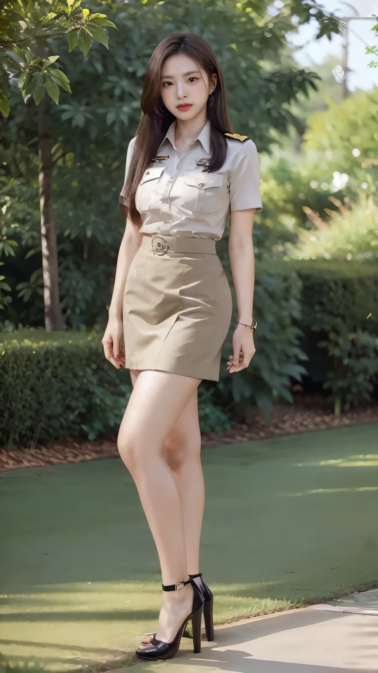 Khaki suit, khaki civil servant, Thai teacher uniform:1.3, Beautiful girl with extra long hair, Two meter long hair, Long hair that catches the eye, long black hair, Her hair is very long., Long, shiny hair, Long, thick, soft hair, Extra long hair, Dynamic posts, like full body, Short sleeve shirtสีกากี, short pencil skirtสีกากี, side cut, Decorated with military insignia., black high heels, The sexiest, small waist, hips raised, small thighs, Long legs, Huge breasts, Huge breasts:1.5, big breast, Very big breasts, Eye-catching breasts, A gigantic rift, Not completely covered, big breast, Huge breast, Big D, สาวTwo meter long hair, Beautiful face, red lips, Very shiny, แต่งBeautiful face, Military rank insignia, short pencil skirt, tight, Short sleeve shirt, tight fitting, in the background, blurred garden. ultra short skirt,