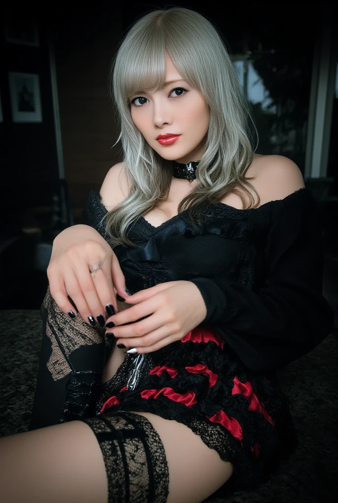 ((Highest quality)), ((masterpiece)), (detailed), Perfect Face,Silver_hair, black_eye, lips, corset, Realistic,skirt,black_stockings,sit on chair, height_Heel_shoes,30 years old, Asian