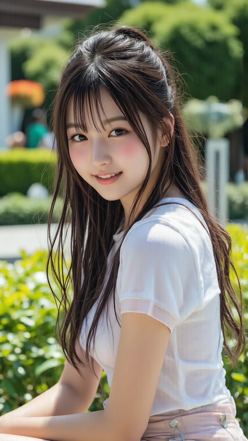 A realistic portrait of a young woman with long dark hair in a natural ...