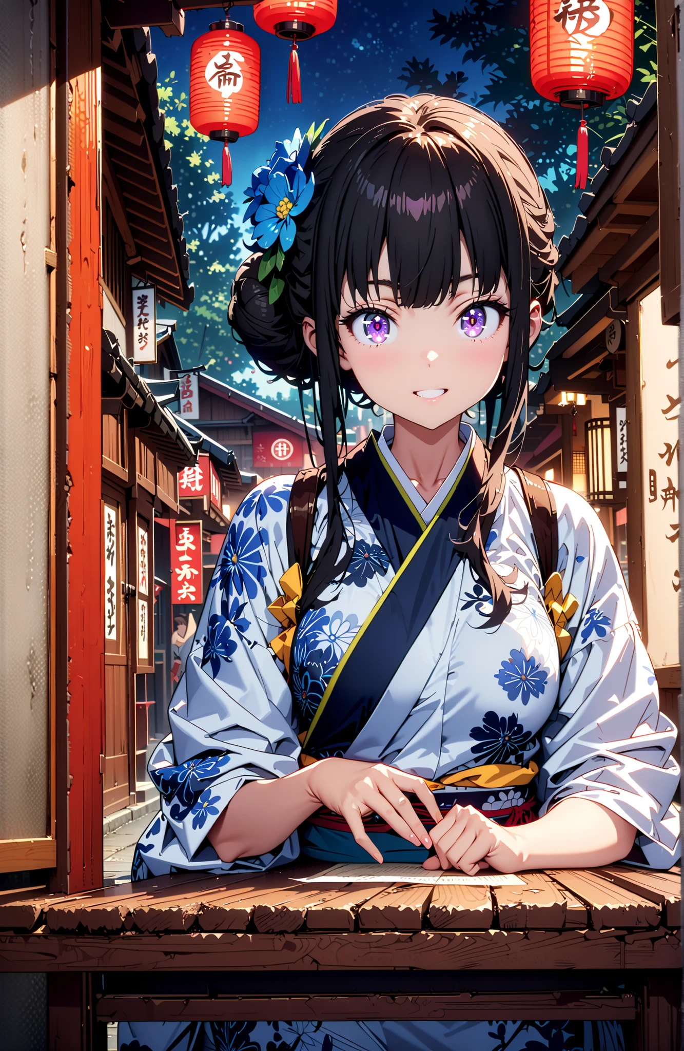 Takiuchikami, check it out, bungs, black hair with a young pattern, purple eyes,smile,cover,open your mouth,narrows her eyes,side lock,single bun hair,Medium breast,flower hair ornament,Blue flower pattern kimono,standing,Light up fireworks,Japanese stalls ,Red Lantern,night,full bodyがillustrationsに入るように,break outdoors, Japanese Festival,
break looking at viewer,full body,
break (masterpiece:1.2), Best Quality, high resolution, Unity 8k 壁紙, (illustrations:0.8), (beautiful detailed eyes:1.6), very detailed face, perfect lighting on the table, Extremely Detailed CG, (perfect hand, perfect anatomy),