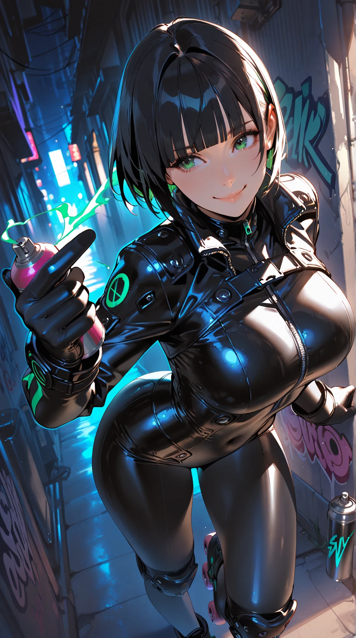 Highest image quality, outstanding details, ultra-high resolution, [realism: 1.4], the best illustration, favor details, highly condensed 1girl, with a delicate and beautiful face, dressed in a black and green mecha, wearing a mecha helmet, holding a directional controller, riding on a motorcycle, the background is a high-tech lighting scene of the future city, (show off breasts), bare shoulders, blush, 