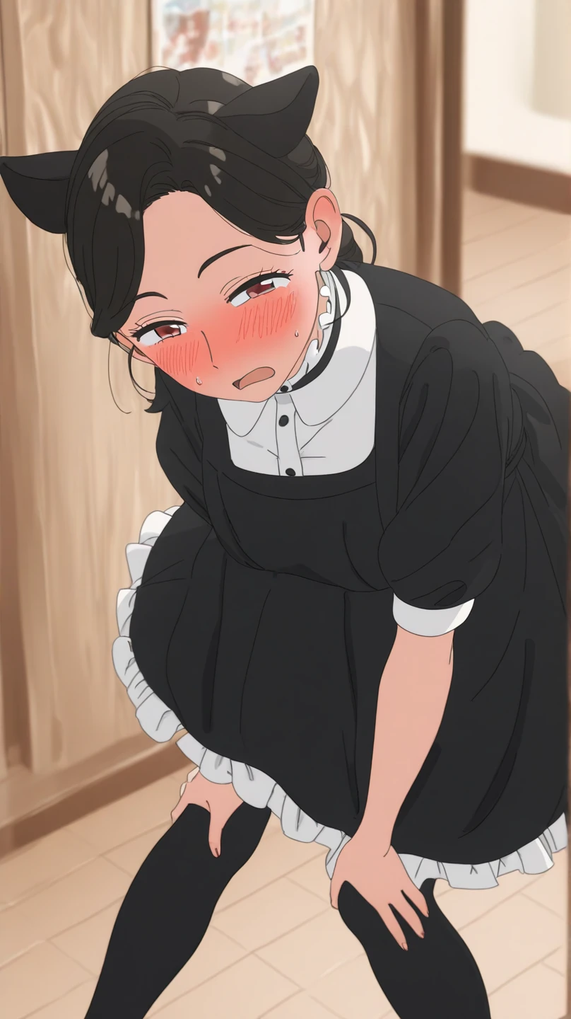 Anime, girl, cute girl, slave, maid, maid uniform, shoes, slave collar, shackles, cold, runny nose, nasal mucus, snot, snot from the nose, handkerchief, you need to sneeze, sneeze yourself, sneeze snot from your nose, desperately want sneeze, cover your nose with your right hand, urinary incontinence, peed, need to pee, pee yourself, pee, pee yourself, cry, really desperately want to pee, scat, diarrhea, crap yourself, need to poop, need to poop, poop in your panties, poop yourself, poop, sneeze, pee and pee yourself: 1.3), desire to sneeze, desire to pee, desire to poop tightly covering the perineum, knees together, feet apart: 1.6), (hand between legs, leaning forward: 1.3), (shaded face, despair, anxiety, sigh, full face flush, embarrassment, looking away: 1.5), (girl can't stand up straight: 1.5), full body, (ultra detailed face, best quality: 1.5), ( from the side), standing, living room, full height. Pee on the floor and pooped on the floor