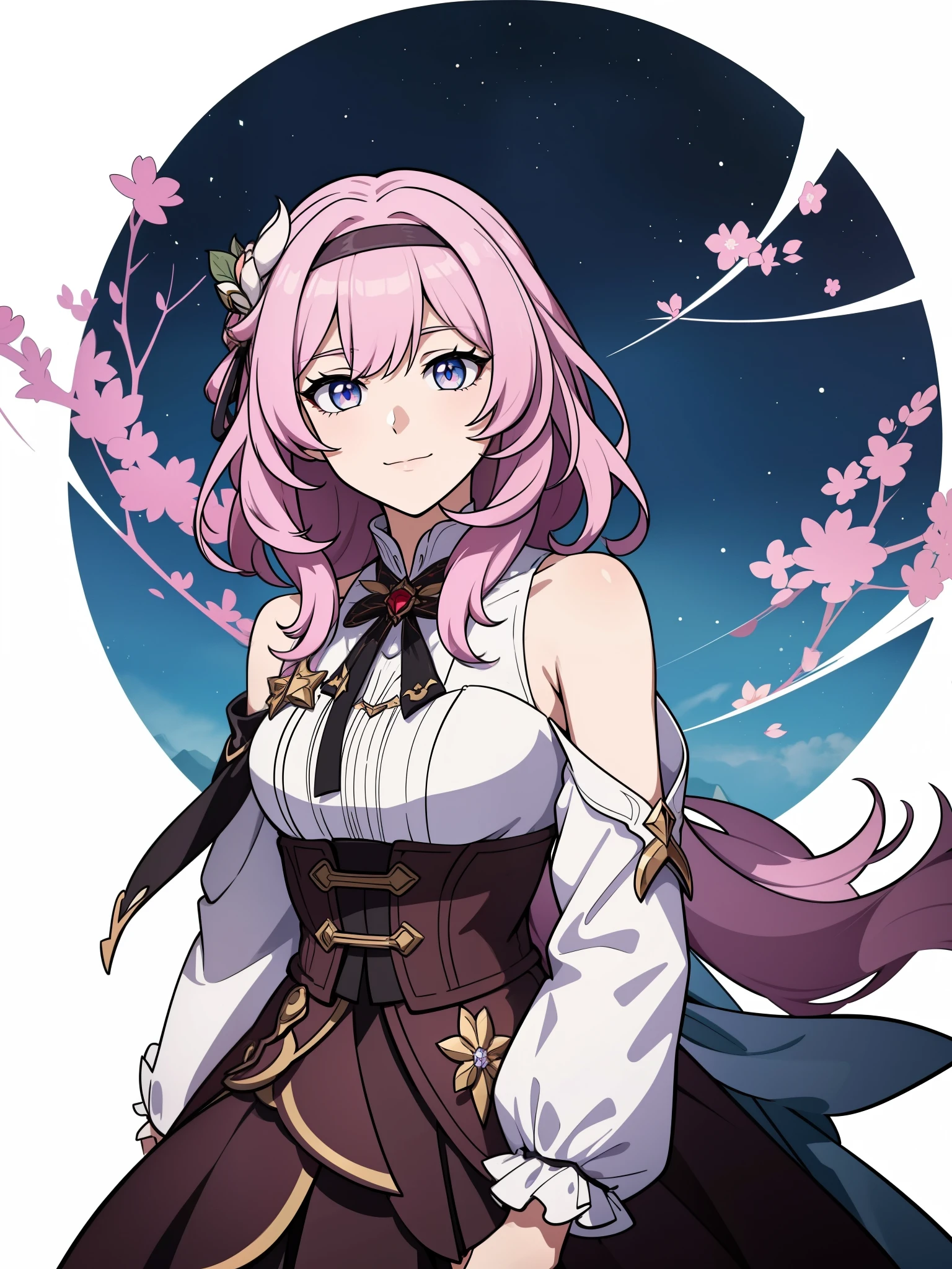 (high-quality, breathtaking),(expressive eyes, perfect face) portrait, 1girl, female, solo, young , pink hair, blue eye color, medium hair length, soft wavy hair, gentle smile, loose hair, side bangs, looking at viewer, portrait, upperbody, happy expression, ribbon in hair, flower in hair, fantasy clothing, elegant, mature, height 4"3, adventurer attire, warlock attire, warlock profession, short height, Dungeons & Dragons character, jacket, dress, Firefly Honkai Star Rail Character, hair ornament,hair flower,red flower,red rose, thorns,vines,shoulder cutout,