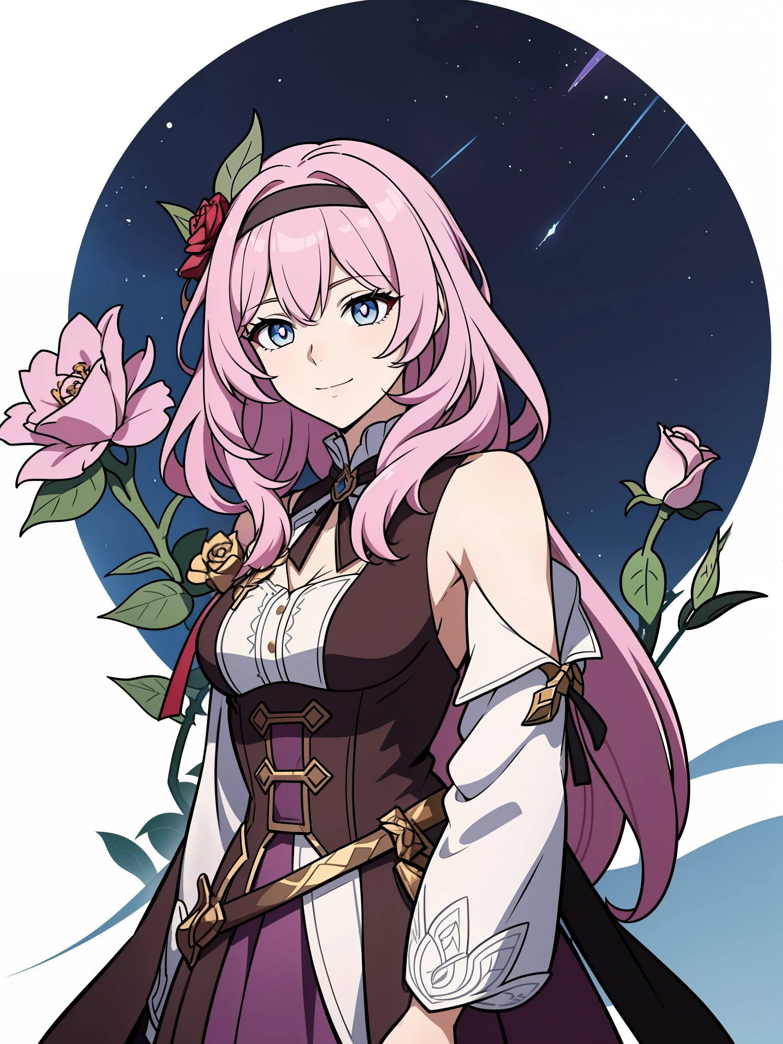(high-quality, breathtaking),(expressive eyes, perfect face) portrait, 1girl, female, solo, young , pink hair, blue eye color, medium hair length, soft wavy hair, gentle smile, loose hair, side bangs, looking at viewer, portrait, upperbody, happy expression, ribbon in hair, flower in hair, fantasy clothing, elegant, mature, height 4"3, adventurer attire, warlock attire, warlock profession, short height, Dungeons & Dragons character, jacket, dress, Firefly Honkai Star Rail Character, hair ornament,hair flower,red flower,red rose, thorns,vines,shoulder cutout,
