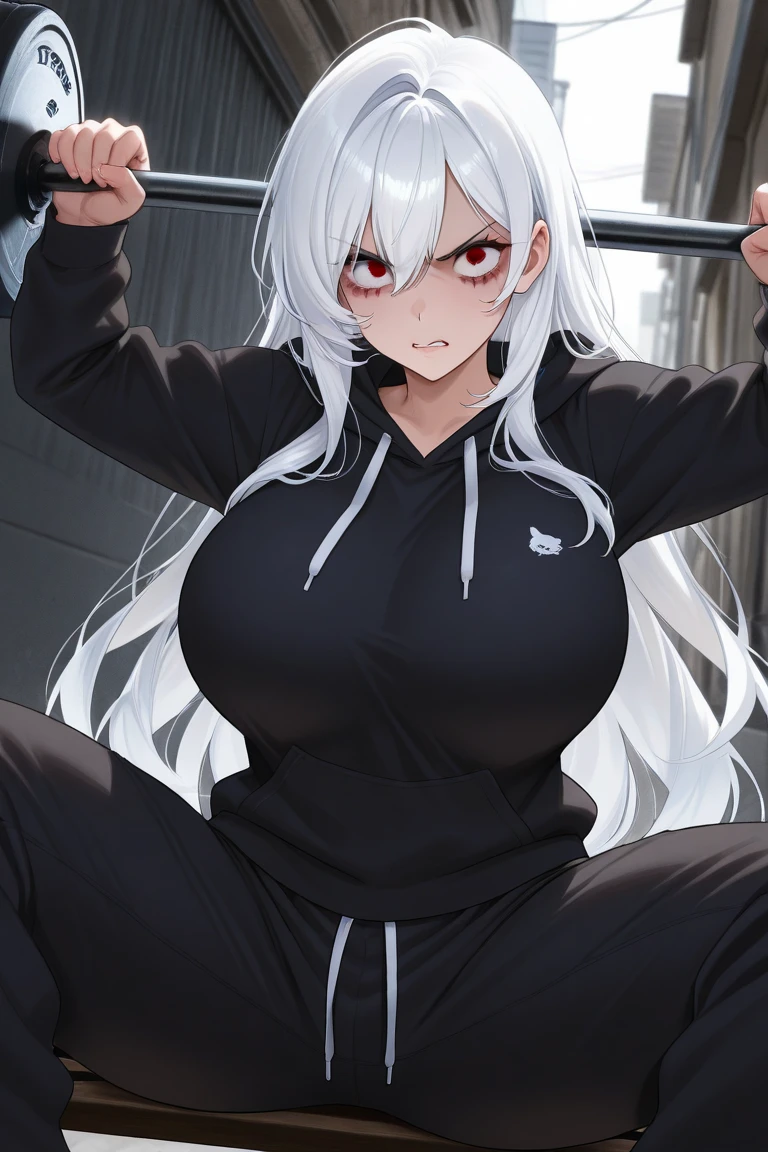 1 girl, white hair tied back, big breasts, sexy body, red pupils, angry face, laughs evilly, has fangs, wearing a hoodie