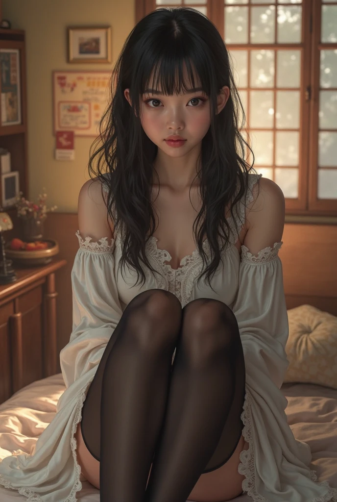 Ultra High Resolution, (Realistic: 1.4), RAW Photo, Best Quality, (Photorealistic), Focus, Soft Light, ((25 years old)), ((Japanese)), (Front, Young Face))), (Depth of Field), (One Piece), Masterpiece, (Photoreal), Woman, Bangs, (( off-the-shoulder top, Bedroom, 1 Girl))