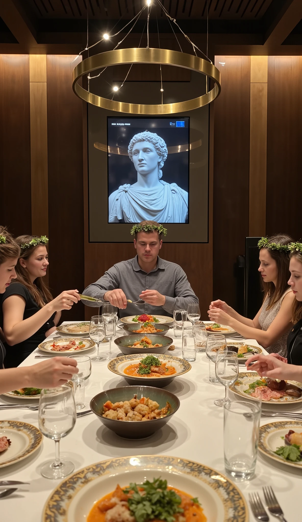 POV: first person view, sitting at a modern dining table with family, everyone wearing household laurel wreaths for dinner, performing traditional libation ceremony pouring wine drops before meal, bust of household gods on digital display panel in wall shrine, modern Italian food served on plates with imperial designs, masterpiece, 8k UHD, cinematic lighting, photorealistic, hyperrealistic texture, film grain, depth of field, realistic face lora, detailed fabric textures, roman-modern fusion, 2025 interior design