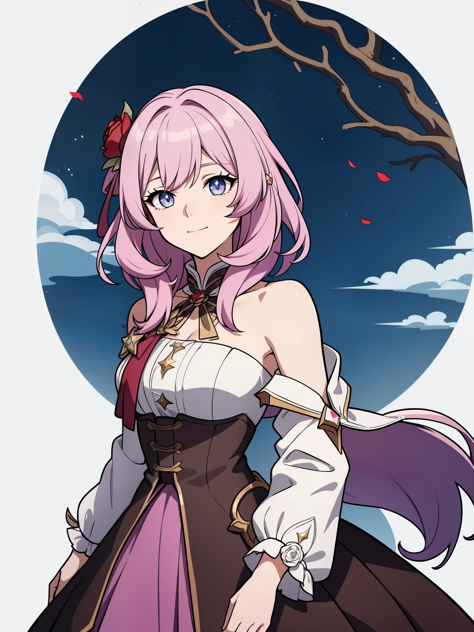 (high-quality, breathtaking),(expressive eyes, perfect face) portrait, 1girl, female, solo, young , pink hair, blue eye color, medium hair length, soft wavy hair, gentle smile, loose hair, side bangs, looking at viewer, portrait, upperbody, happy expression, ribbon in hair, flower in hair, fantasy clothing, elegant, mature, height 4"3, adventurer attire, warlock attire, warlock profession, short height, Dungeons & Dragons character, jacket, dress, Firefly Honkai Star Rail Character, hair ornament,hair flower,red flower,red rose, thorns,vines,shoulder cutout,