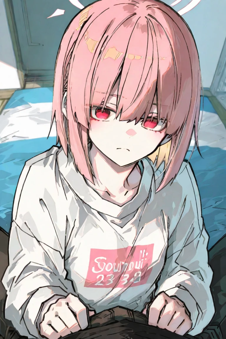 Create an ultra-detailed, best quality, high-resolution masterpiece sitting on bed with legs wide open, no pants, sweating, blush, perfect shadows, high quality shading, photorealistic,