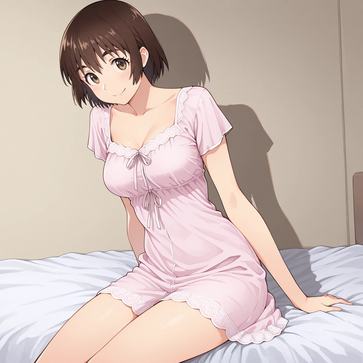 Hoshizora Rin Reddish brown hair Very Short Hair Pink nightgown bed bedに横たわる White garter belt smile Huge breasts Seduce Dark Room Love Hotel night Cleavage bedに寝る Sweaty