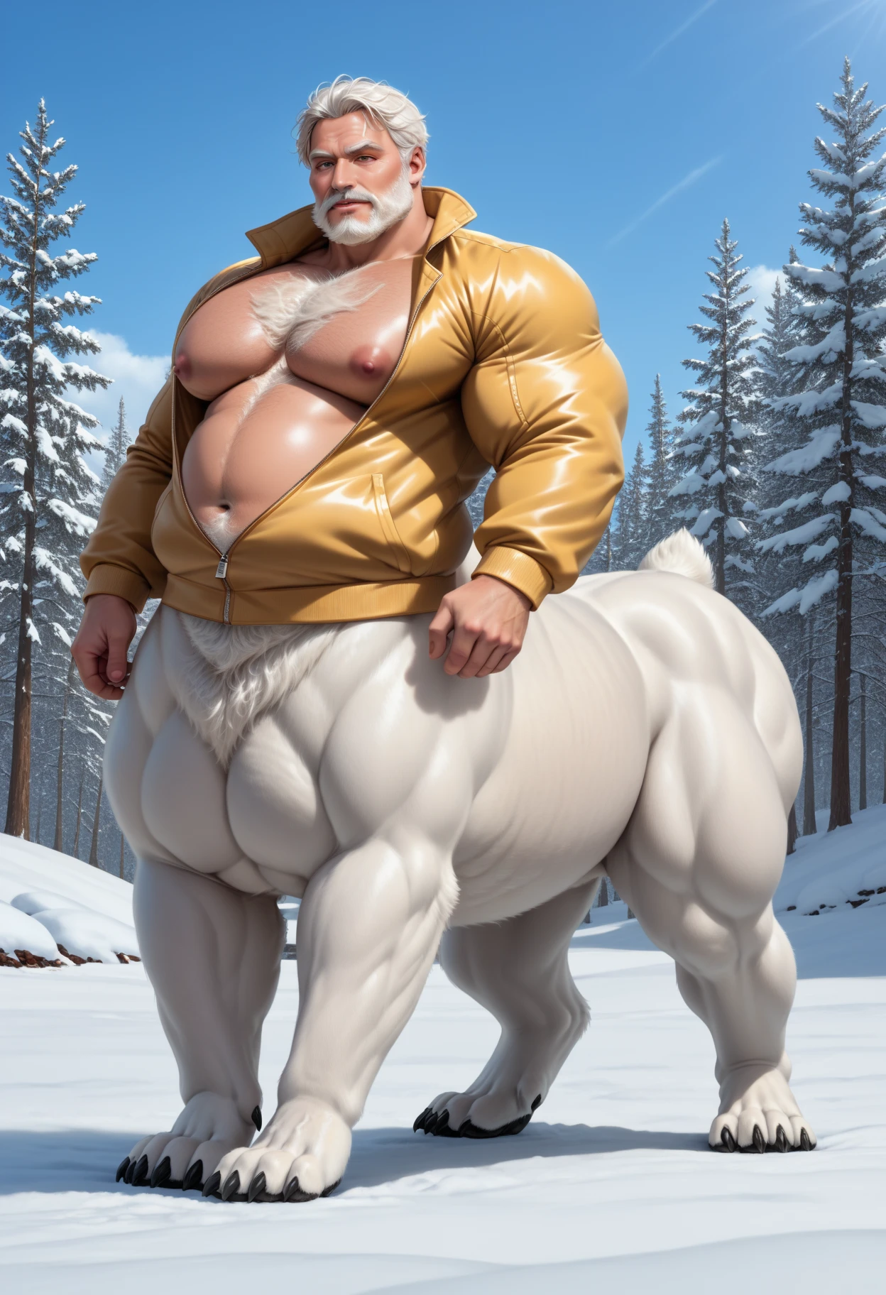 Two chubby centaur, ramdomany place, big hooves, bright white fur, white hair centaur, anatomically correct centaur, docked tail, human face, human nose, human eyes, wide equine hips, thick thighs, male, raised tail, anatomically holding the tail, epic skin, epic fur, hyperrealistic, hyperrealistic skin human, hyperrealistic skin, hyperrealistic human nose, hyperrealistic human body human, hair hyperrealistic, hyperrealistic face, erection penis,