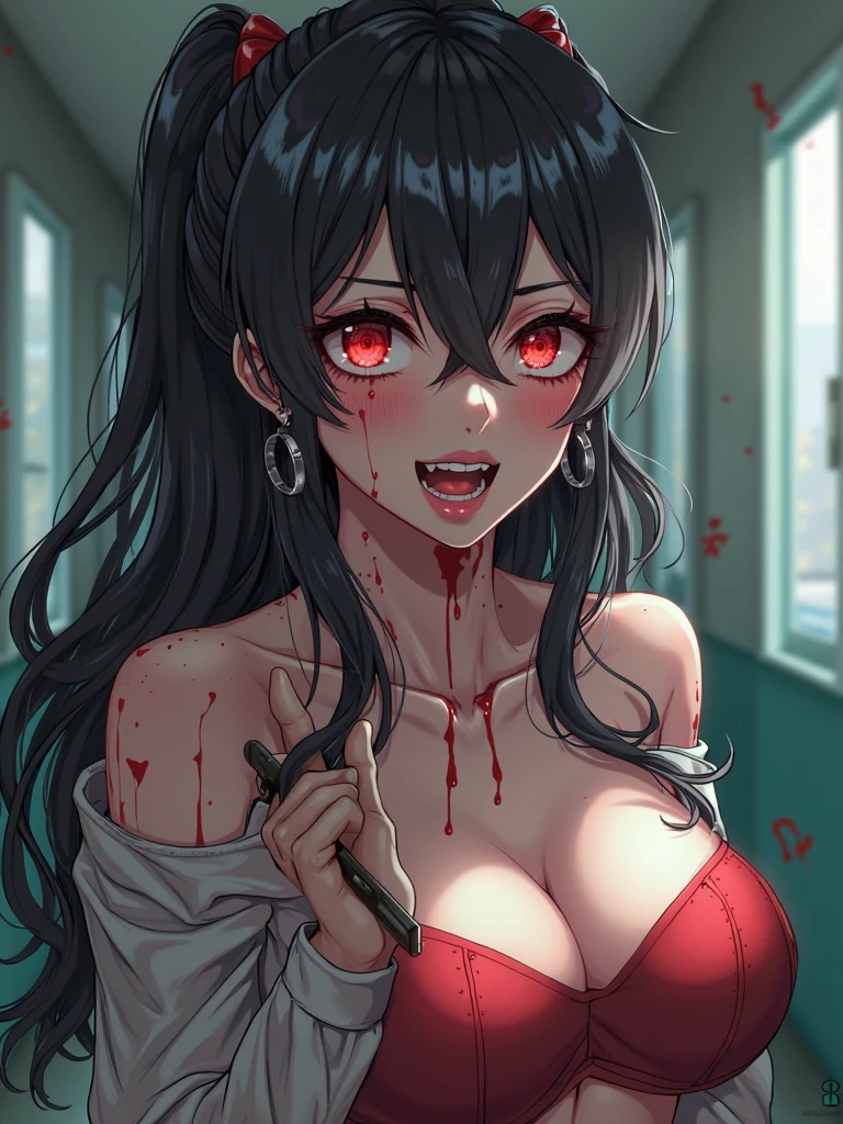 detailed illustration, dynamic angle, ultra-detailed, illustration, 1girl, 18 year old, dark, night, hospital, blood bank, nighttime, vampire, black dress, cleavage, red eyes, detailed eyes, long black hair, blood on mouth, from the side, delighted, happy, smiling, satisfied, joy, well endowed, larger bust, blood on hands, a little drunk
