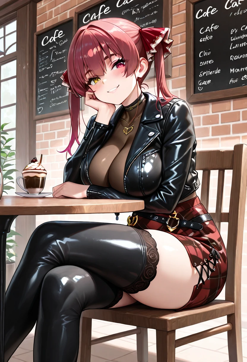 1 girl, solo, shot from side, looking to the side, short hair, sport thong, sport bra, (burgundy thigh highs), stockings, Long stockings, arm gloves, anklet, armlet, thighs strap, arm strap, chocker, sitting (sit down), full body, mature female, ass, thick, burgundy color, tavern, restaurant, bar stool,