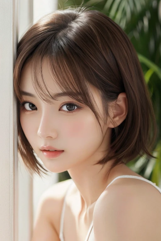 1 Japanese girl, (looking away:1.4), (upper body shot:1.2), Beautifully detailed eyeballs, catchlight in the eyes, Realistic digital painting of a woman portrait, Shy,  Cute,  open mouth to say something, sad, brown eyes,  (short hair:1.1), (light brown brunette hair:1.3), (Highly detailed skin:1.2), Mystical style, Global Illumination,