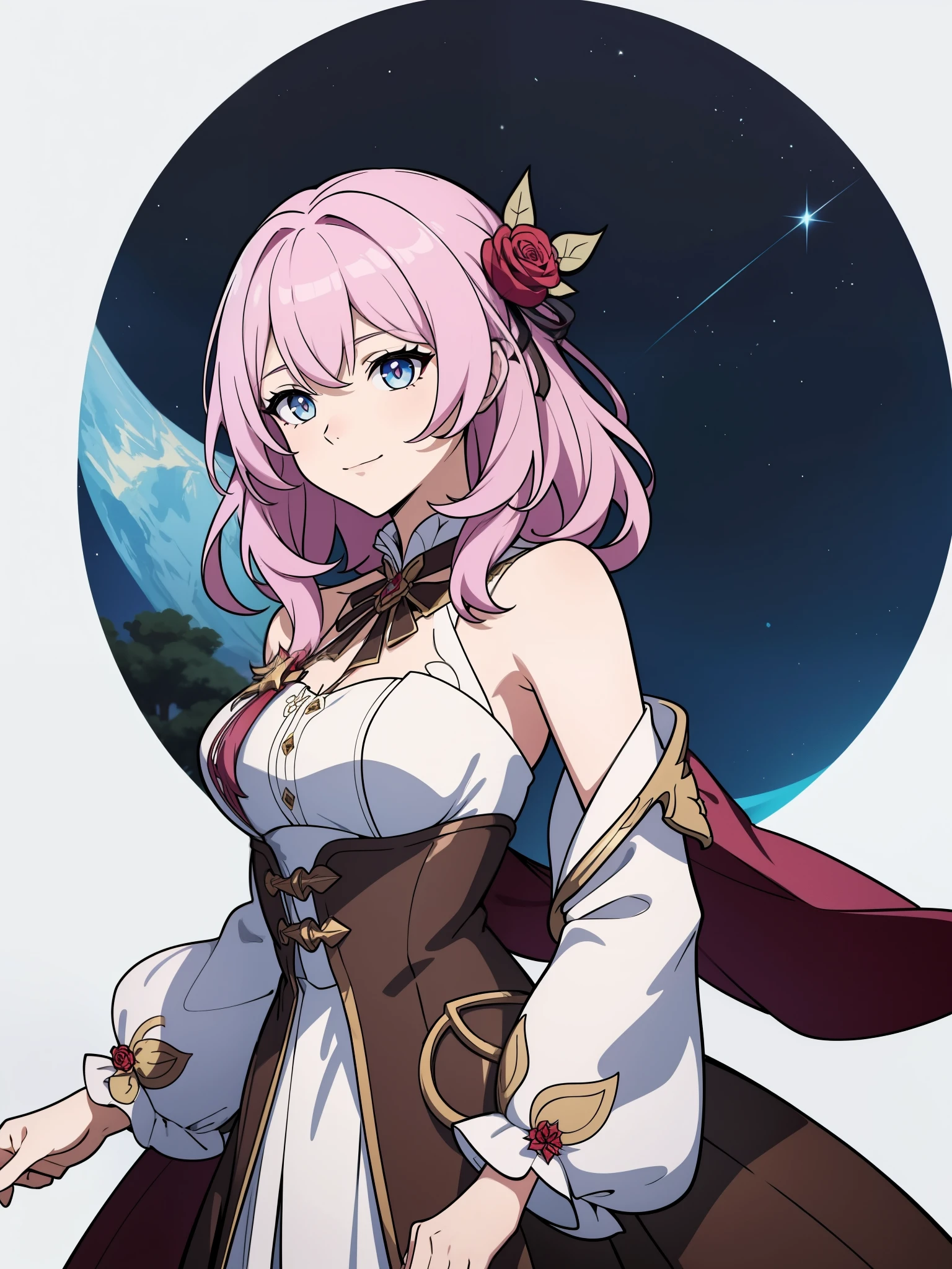 (high-quality, breathtaking),(expressive eyes, perfect face) portrait, 1girl, female, solo, young , pink hair, blue eye color, medium hair length, soft wavy hair, gentle smile, loose hair, side bangs, looking at viewer, portrait, upperbody, happy expression, ribbon in hair, flower in hair, fantasy clothing, elegant, mature, height 4"3, adventurer attire, warlock attire, warlock profession, short height, Dungeons & Dragons character, jacket, dress, Firefly Honkai Star Rail Character, hair ornament,hair flower,red flower,red rose, thorns,vines,shoulder cutout,