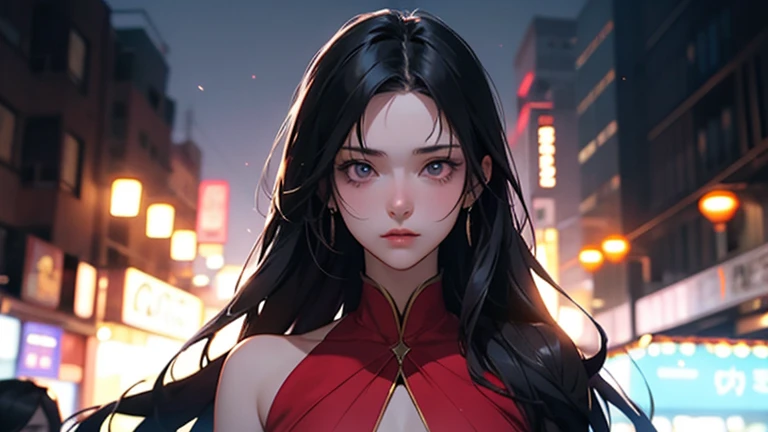A beautiful young asian woman, detailed face, detailed eyes, detailed lips, mesmerizing gaze, elegant hairstyle, wearing a stunning red dress, posing confidently, dramatic lighting, cinematic atmosphere, vibrant colors, fantasy sci-fi background, futuristic cityscape, dynamic composition, (best quality,8k,masterpiece:1.2),ultra-detailed,(realistic,photorealistic,photo-realistic:1.37),cinematic,dramatic lighting,sci-fi,neon city,vibrant colors