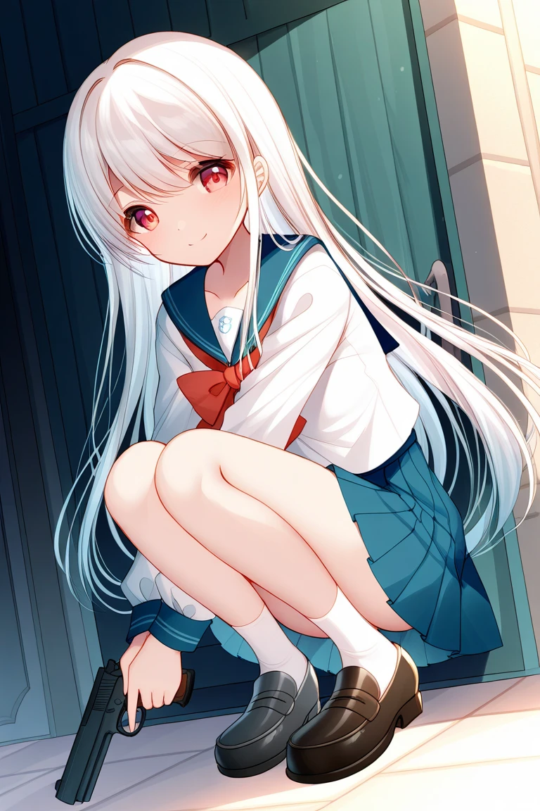 masterpiece,best quality,amazing quality,very aesthetic,absurdres,
1girl, red eyes, white long hair, serafuku, holding pistol, full body, smile, (bison cangshu:1.2)