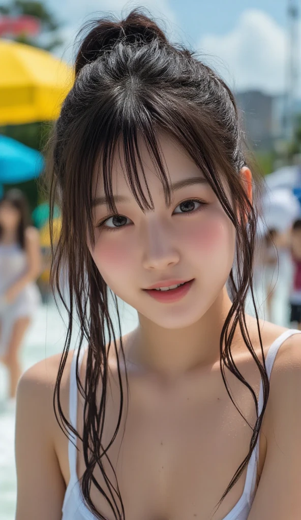 masutepiece, Best Quality, Illustration, Ultra-detailed, finely detail, hight resolution, 8K Wallpaper, Perfect dynamic composition, Beautiful detailed eyes, Bandeau Bikini, Natural Color Lip,pool, Random and cute poses, flowing bangs,cleavage of the breast, Smile Face,Wet body, Wet hair,water splash