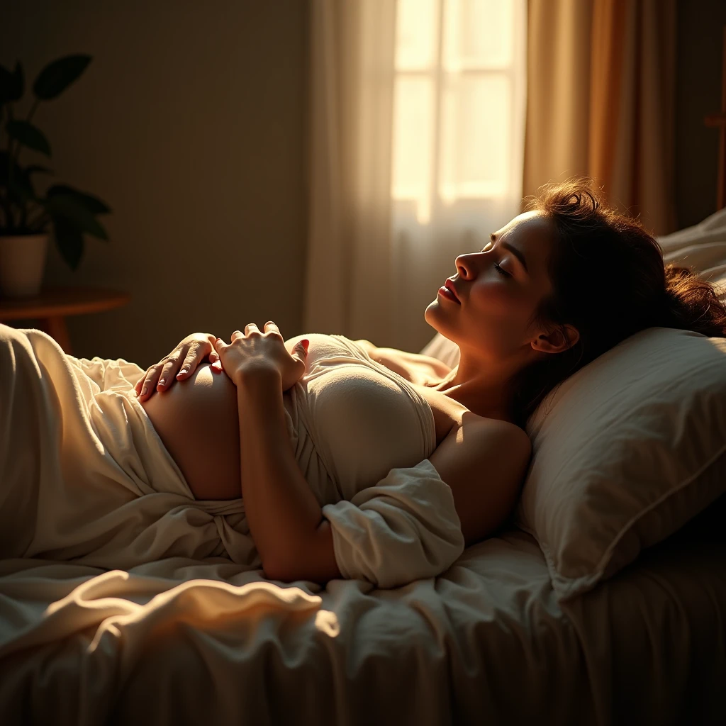 Surrealism, Attention to detail, Cinema Lighting, Ray Tracing, perspective, Shoot at eye level, Ultra-high resolution, masterpiece, Fair skin, 4K, Highest quality,Middle-aged woman lying on sofa in living room,Open your mouth,close your eyes,Wearing pajamas,Moaning,Teasing,((Pregnant women))