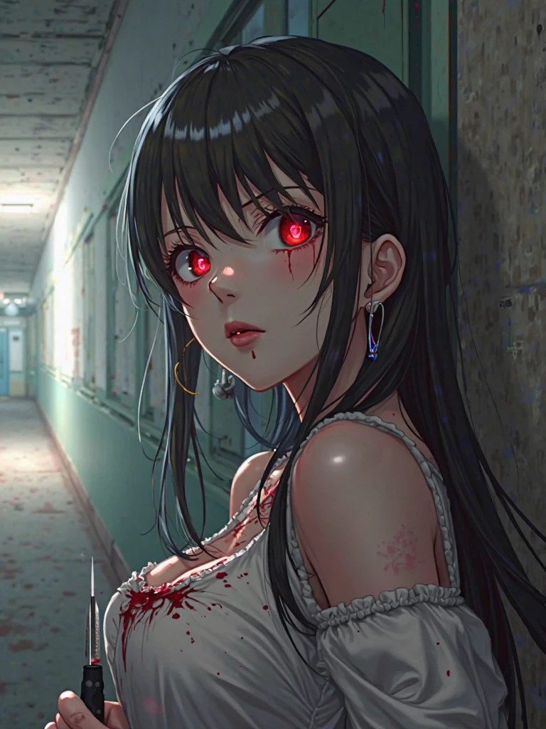 Masterpiece, best quality, 1 girl, pale skin, black hair with evil smile, messy hair, red eyes, glowing eyes, creepy, creepy smile, crazy expression, blood on face, blood on clothes, walking, falling, hanging arm, loose arm, white hospital gown, hospital, hallway, darkness, lighting, creepy, scary, flashing lights, blood, horror, dim light