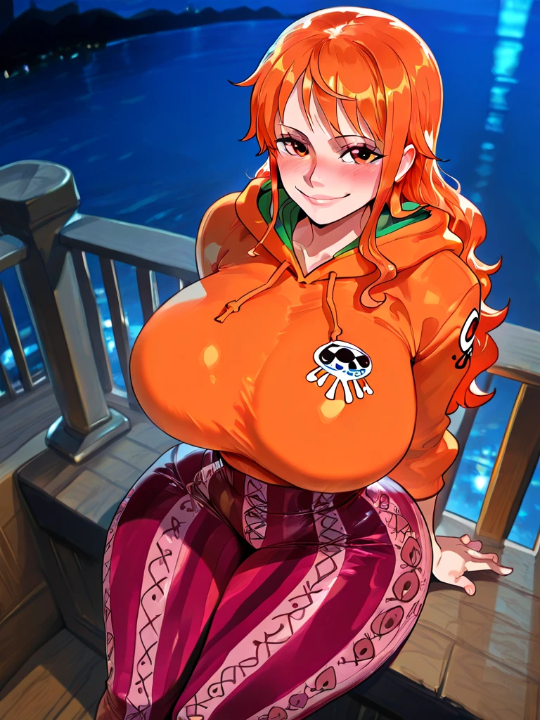 a cartoon picture of a woman in a bikini top and jeans, nami one piece, nami from one piece, nami, beautiful portrait of nami, from one piece, oppai, blue eyes, smoking, ponytail